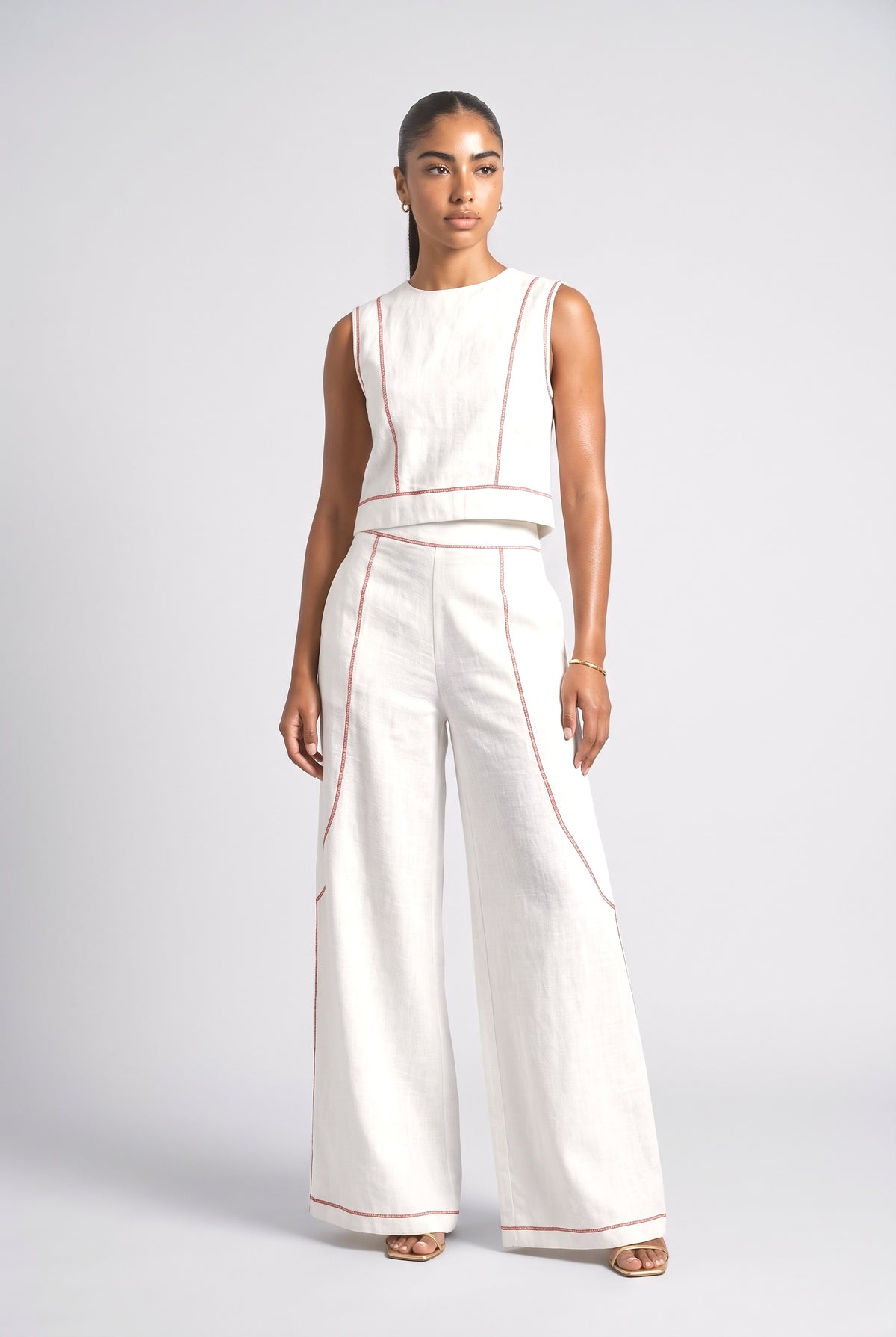 Contrast Stitch Shirt & Wide-Leg Pants Set, white