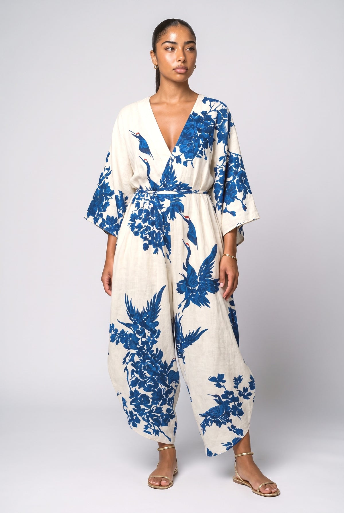 White Linen V-Neck Relaxed Jumpsuit, white