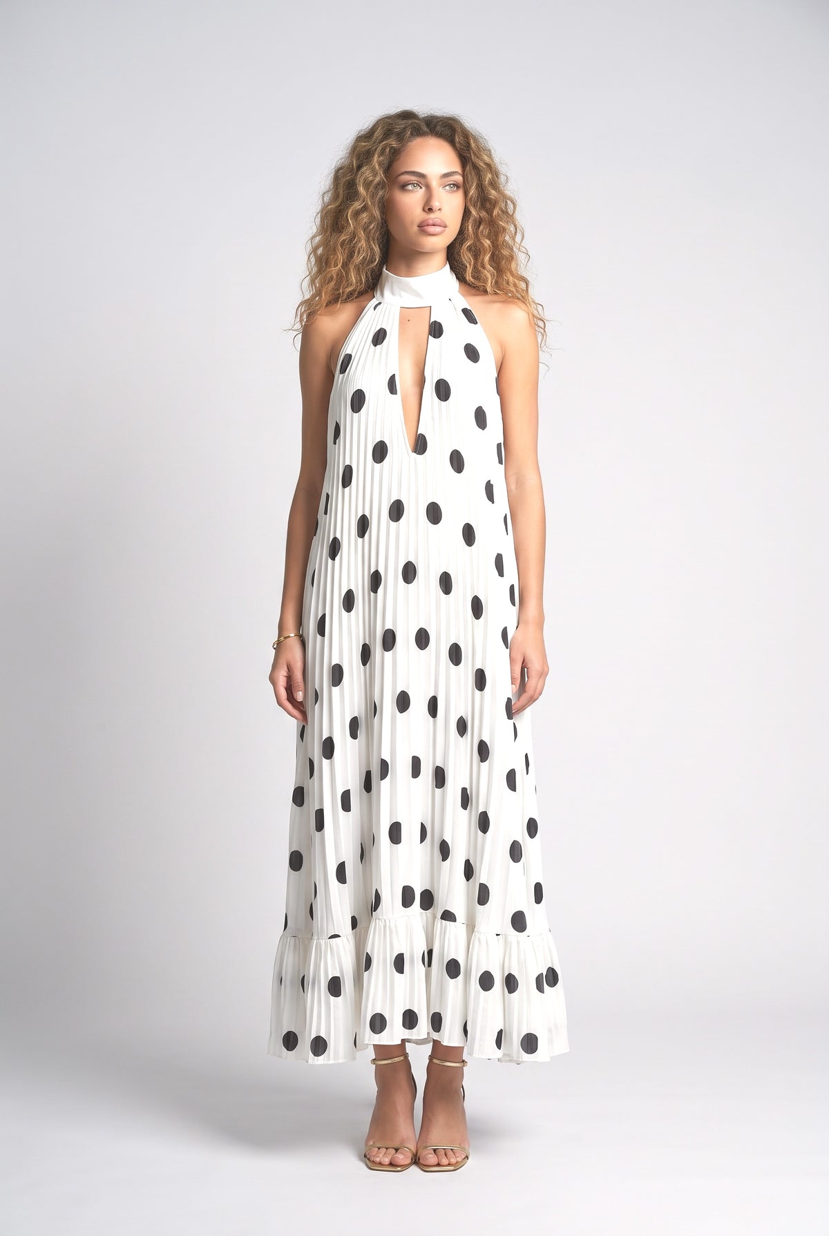 Polka Dot Halter Neck Maxi Dress, white