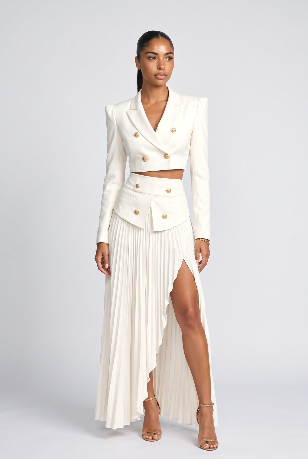 Short Blazer Top and Pleated Skirt Set, white