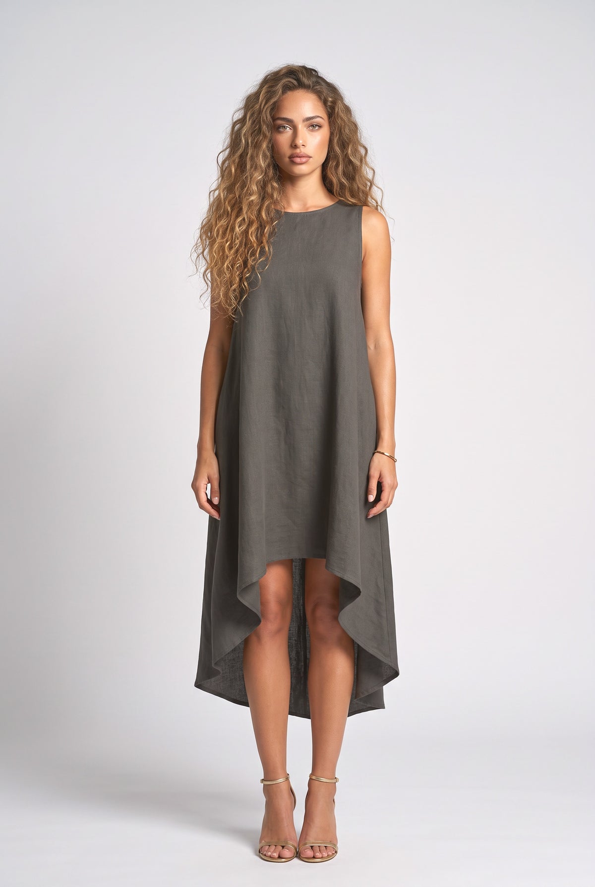 Sleeveless Asymmetric Midi Dress, white