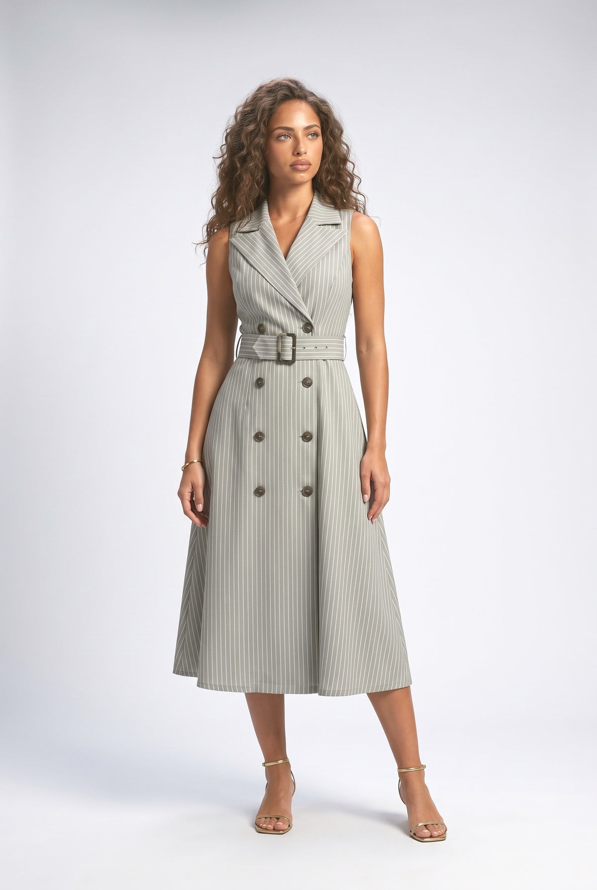 White Striped Sleeveless Midi Dress, white
