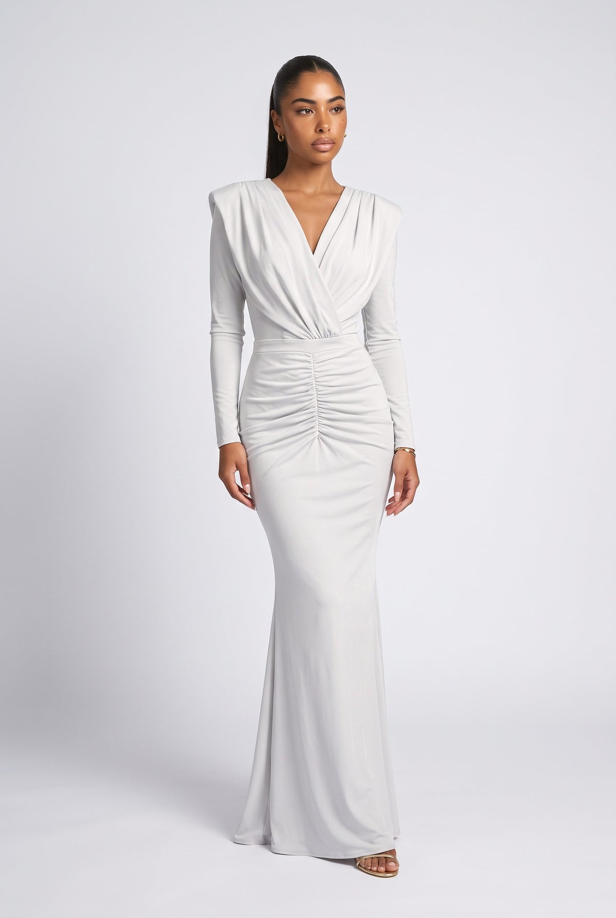 V-Neck Pleated Maxi Dress, white