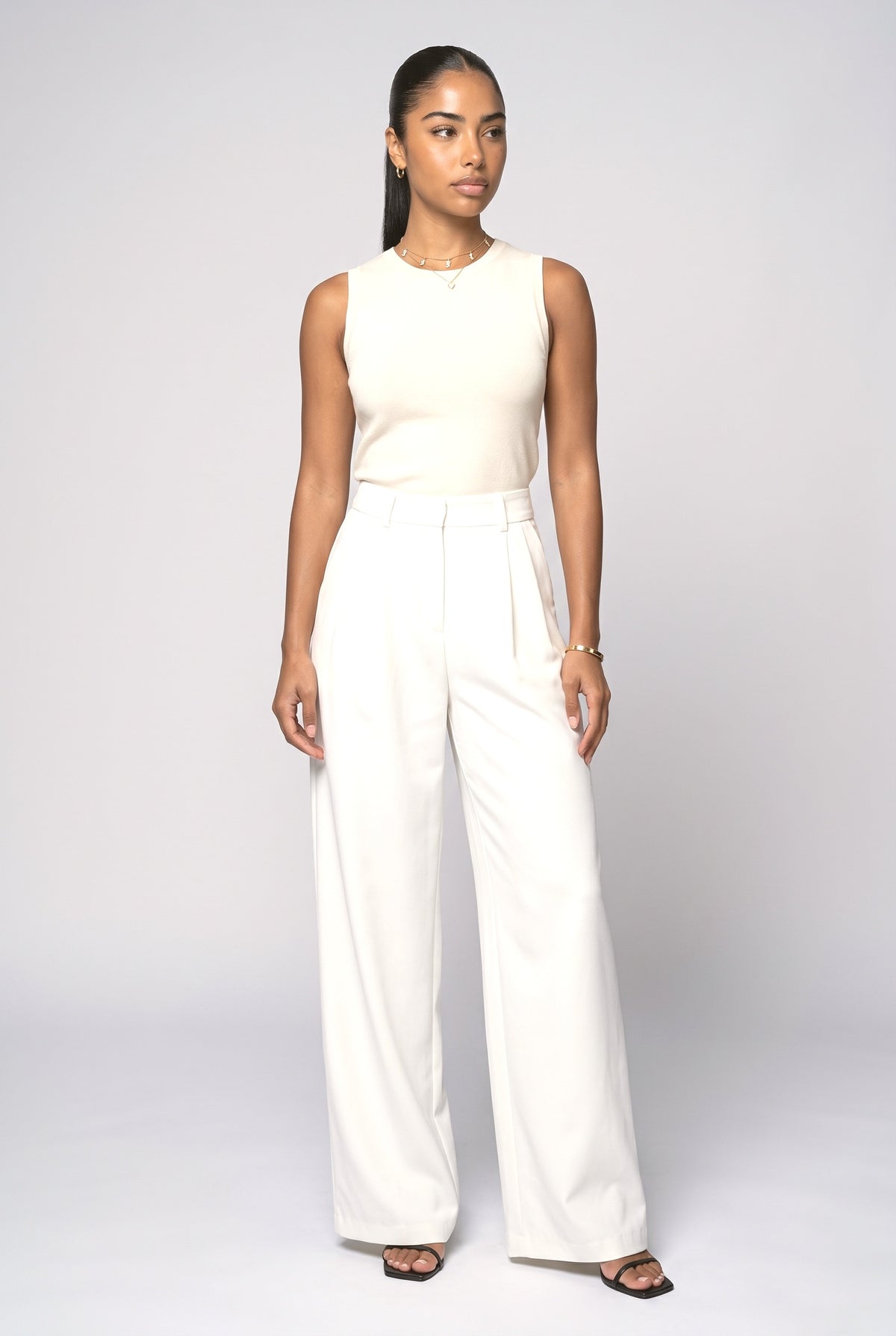 White High Waist Wide Leg Pants Without Belt, white