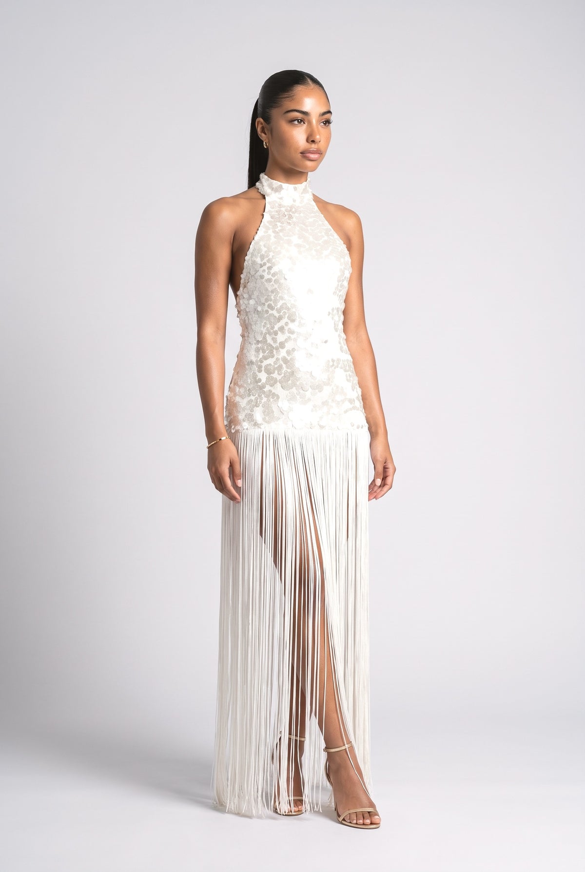 Sequin Backless Sleeveless Fringe Maxi Dress, white
