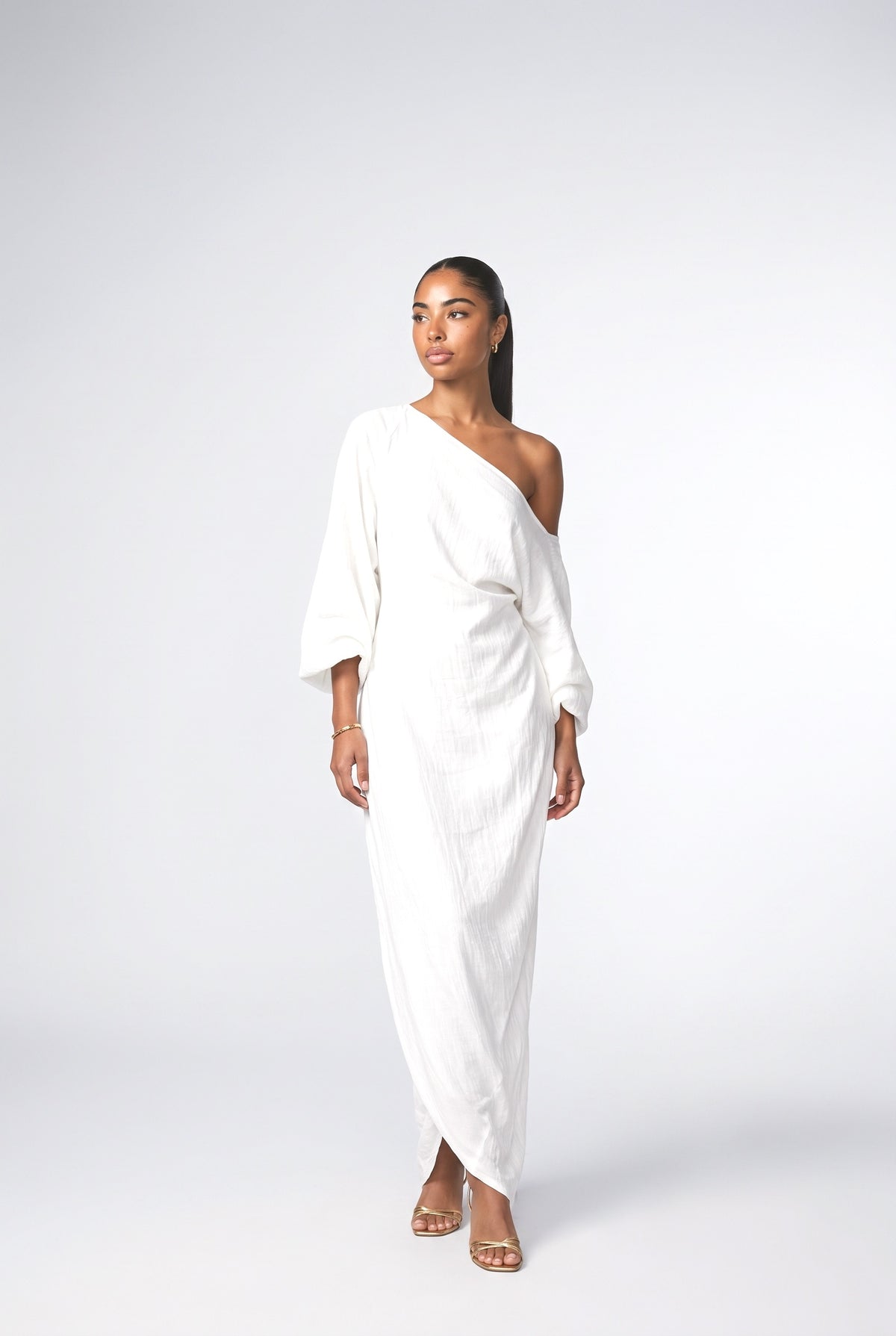 White One-Shoulder Draped Maxi Dress, white