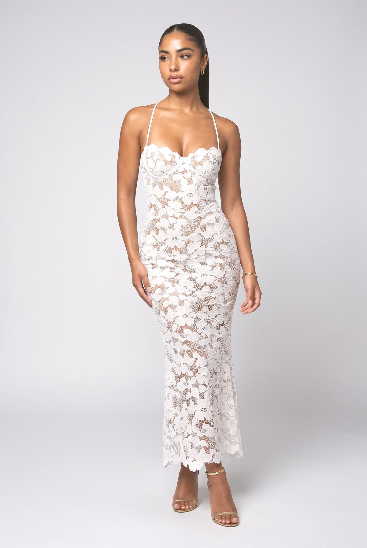 White Lace Halter Neck Midi Dress, white
