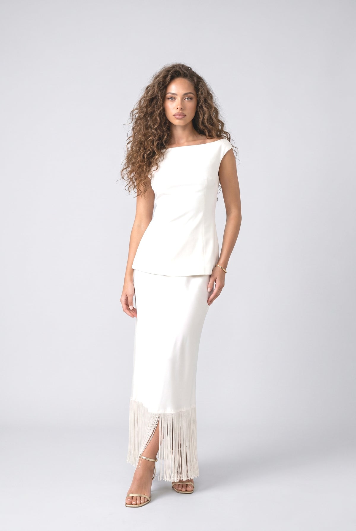 White Satin Fringe Outfit Set, white