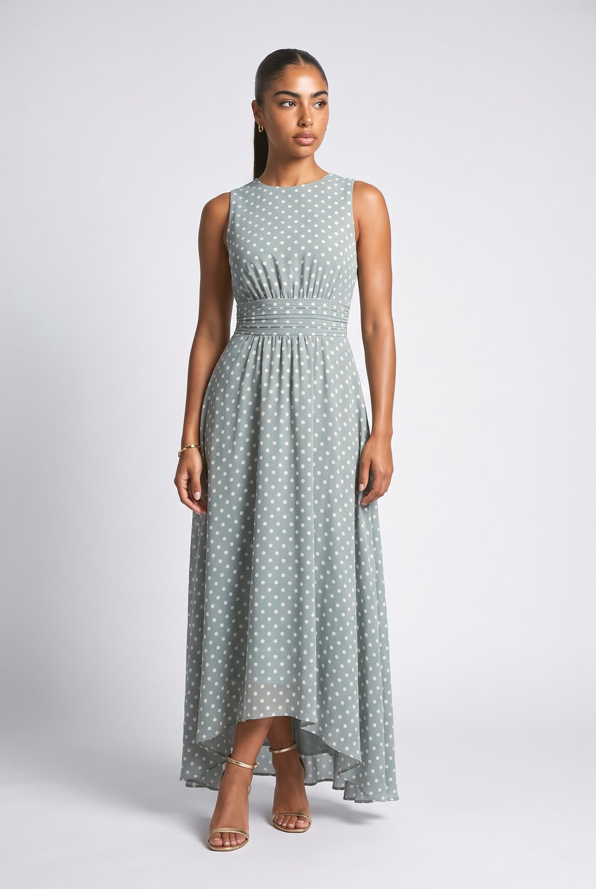 White Polka Dot Pleated Maxi Dress, white