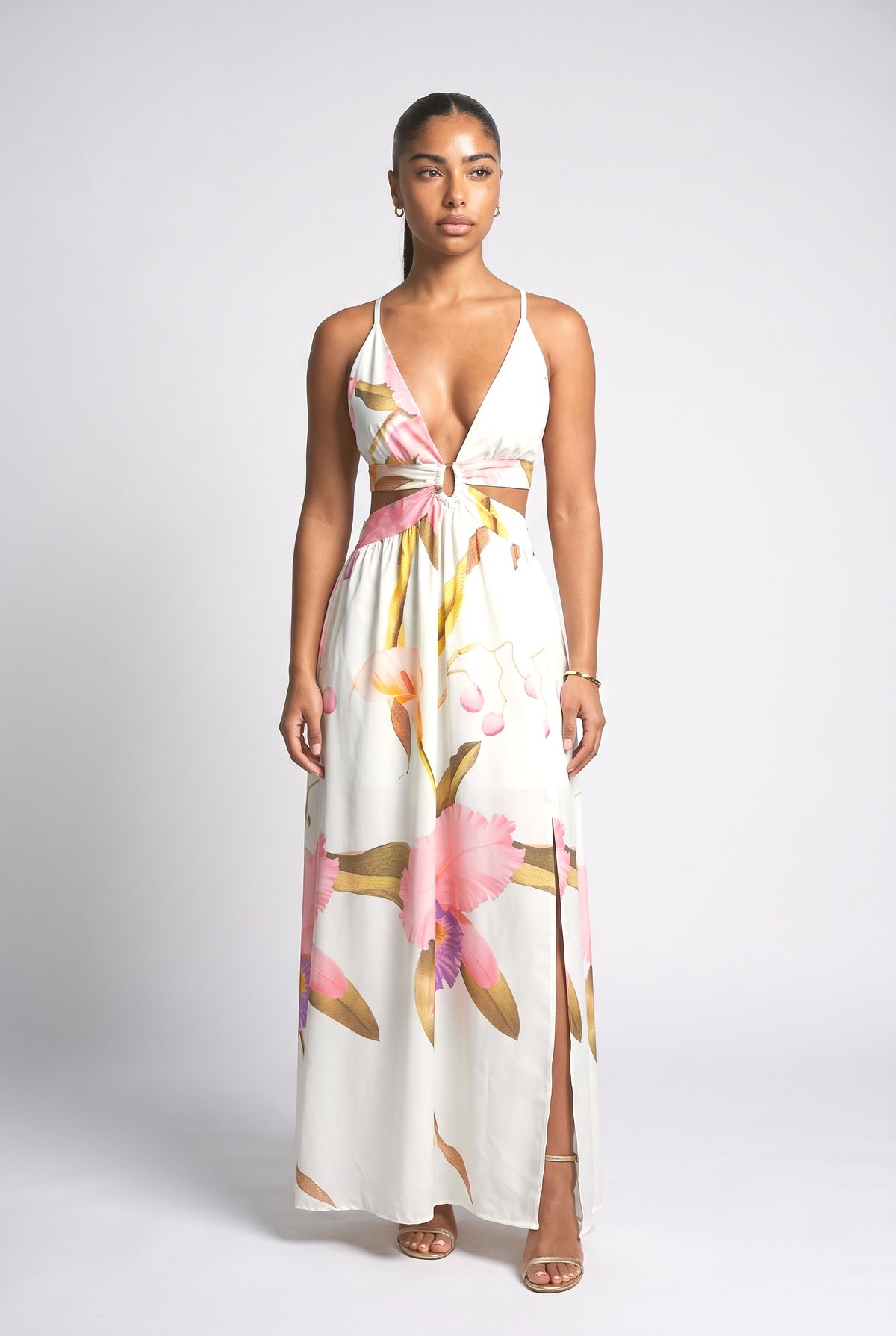 White Print Backless Slit Maxi Dress, white