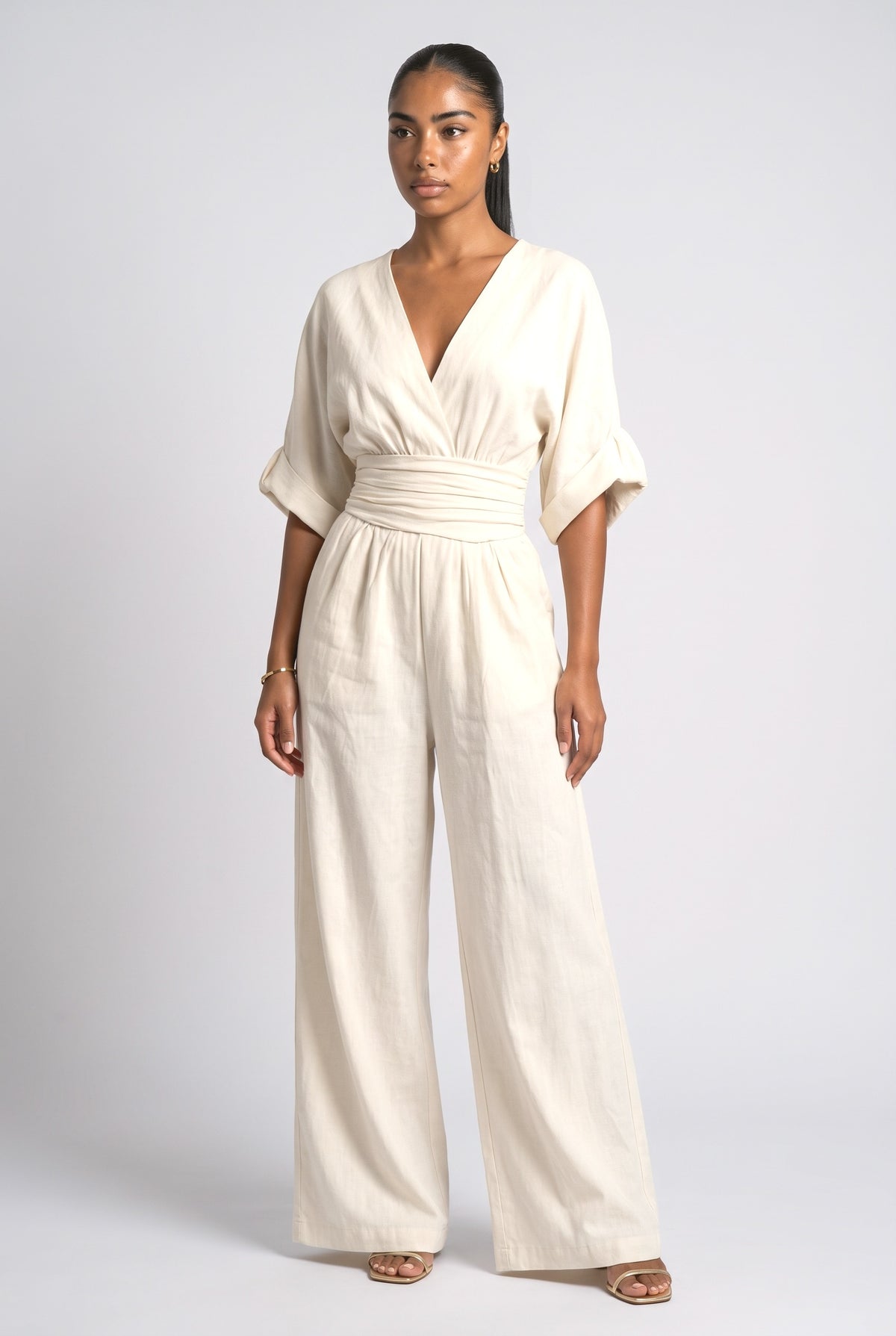 High-Waist Pleated Designs Jumpsuit, white