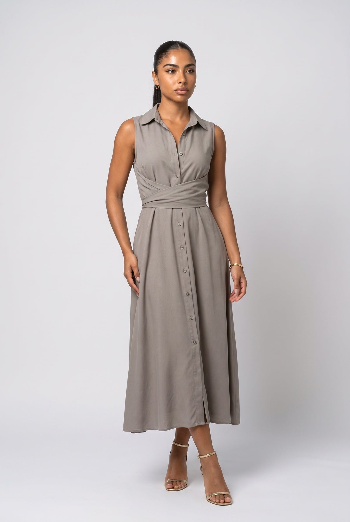 Shirt Style Single-breasted Tie Midi Dress, white