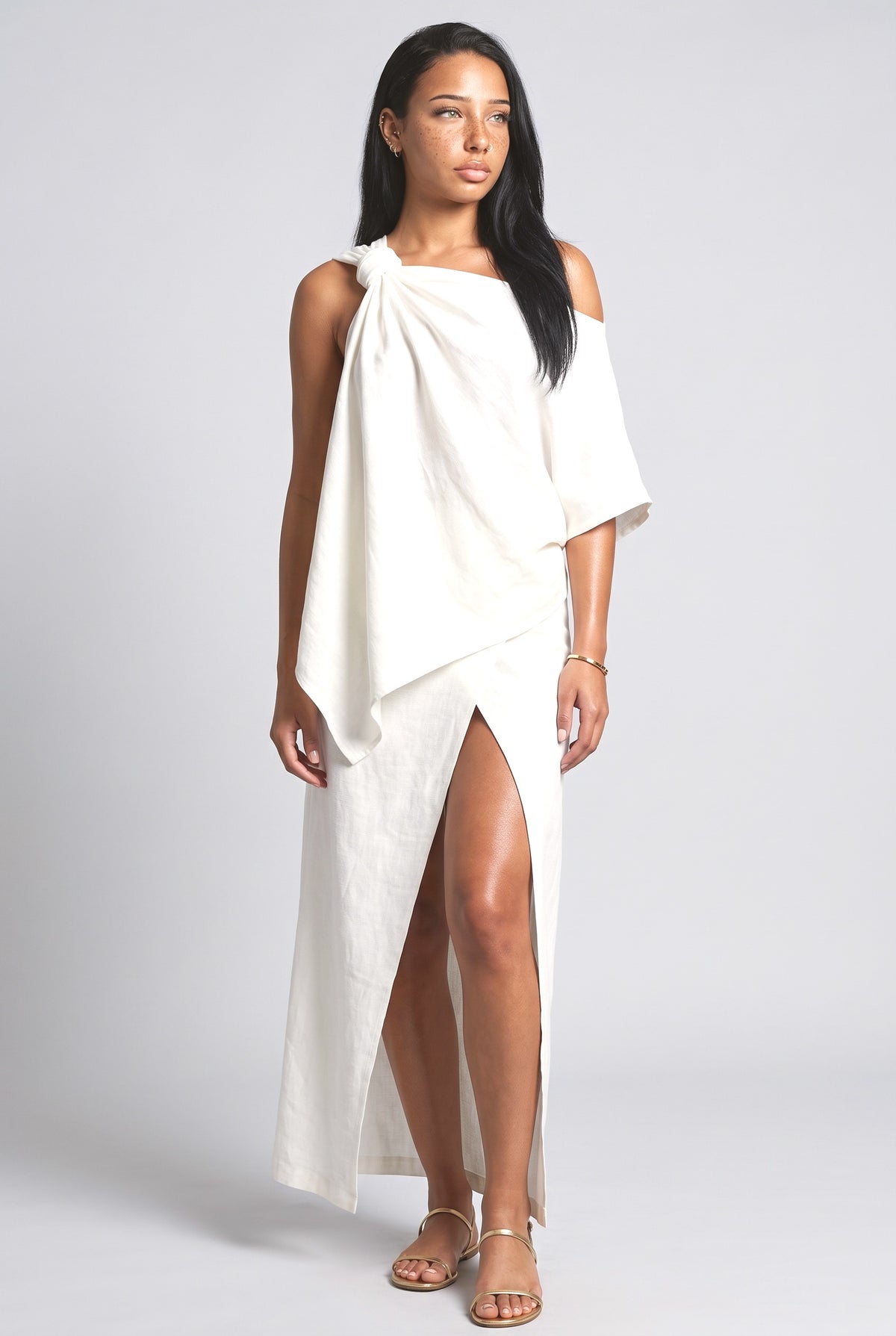 White Off-Shoulder Slit Skirt, white
