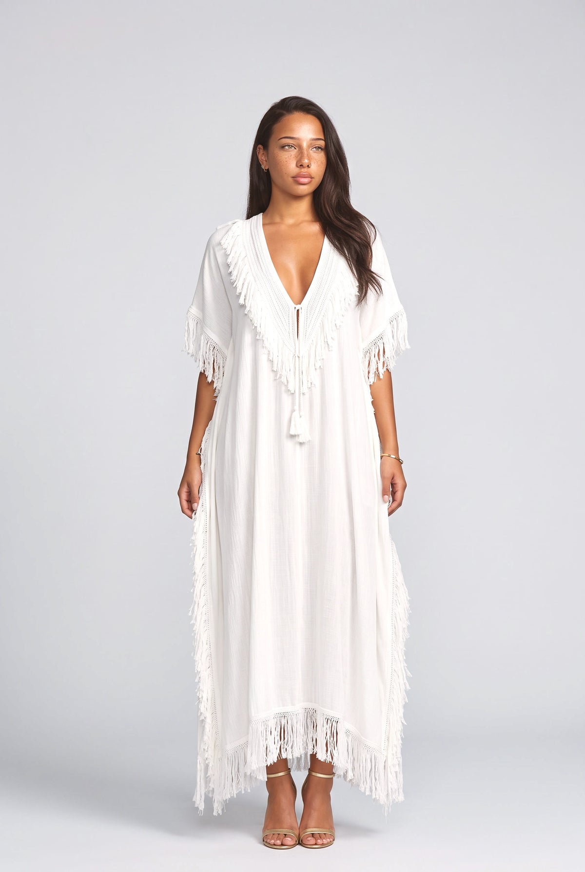 White V-Neck Fringe Maxi Dress, white