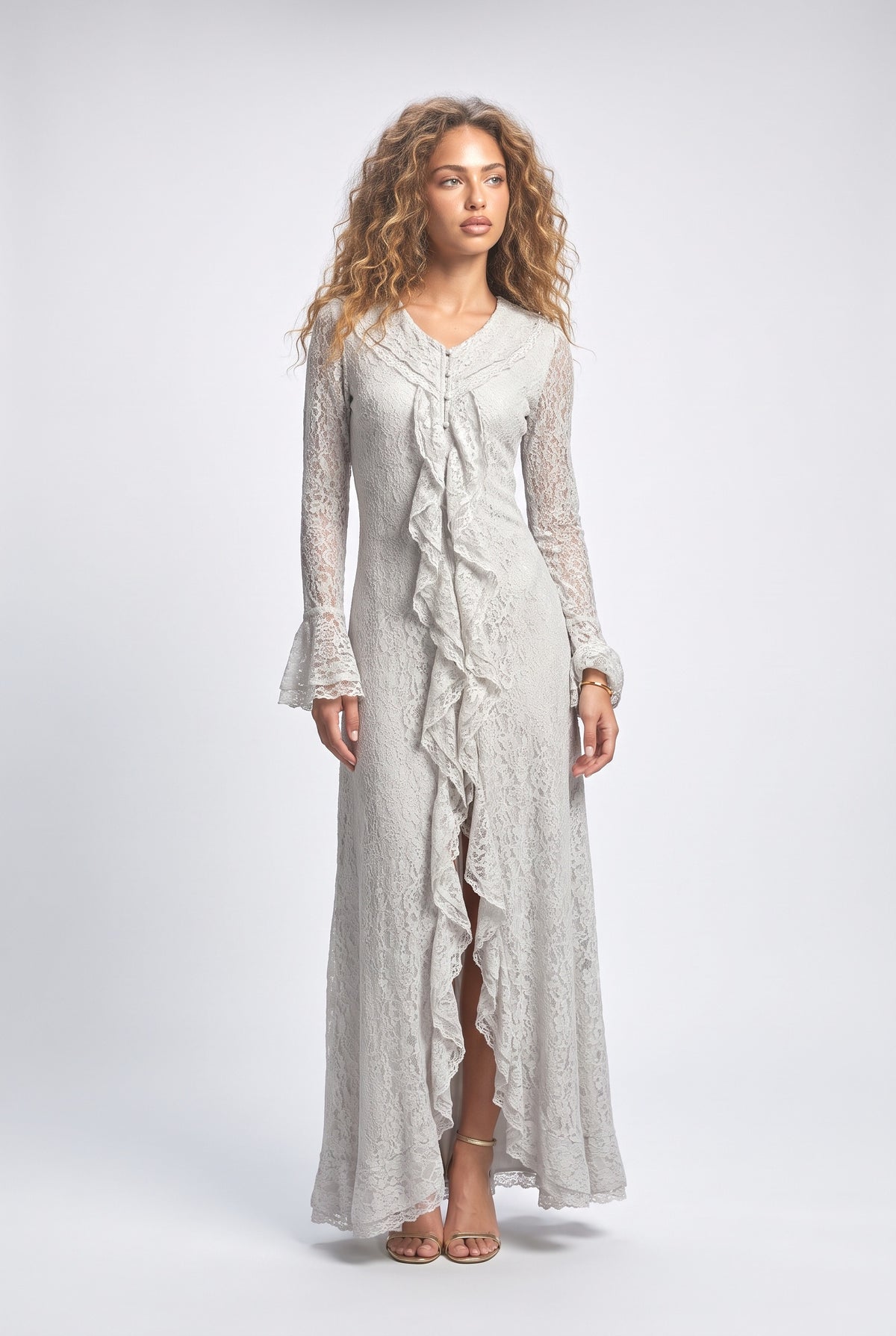 Ruffle Trim Long Sleeve Maxi Dress, white