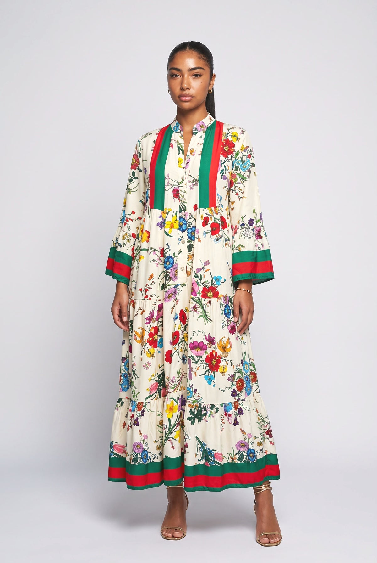 White Floral Bell Sleeve Maxi Dress, white