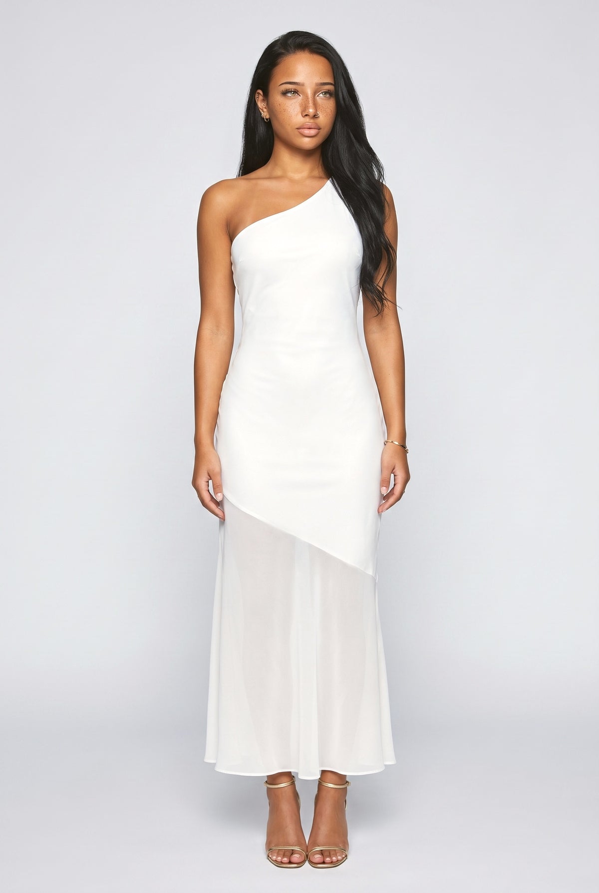 Sheer One-Shoulder Maxi Dress, white