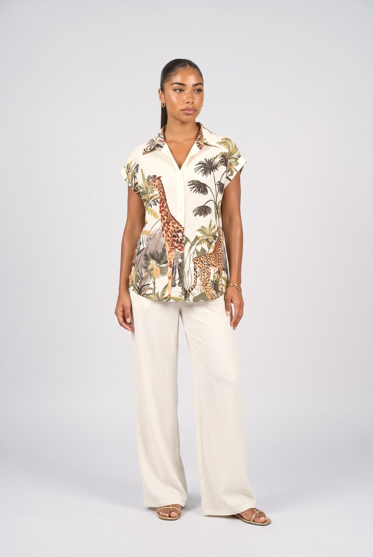 Jungle Print Loose Button-Down Shirt, white