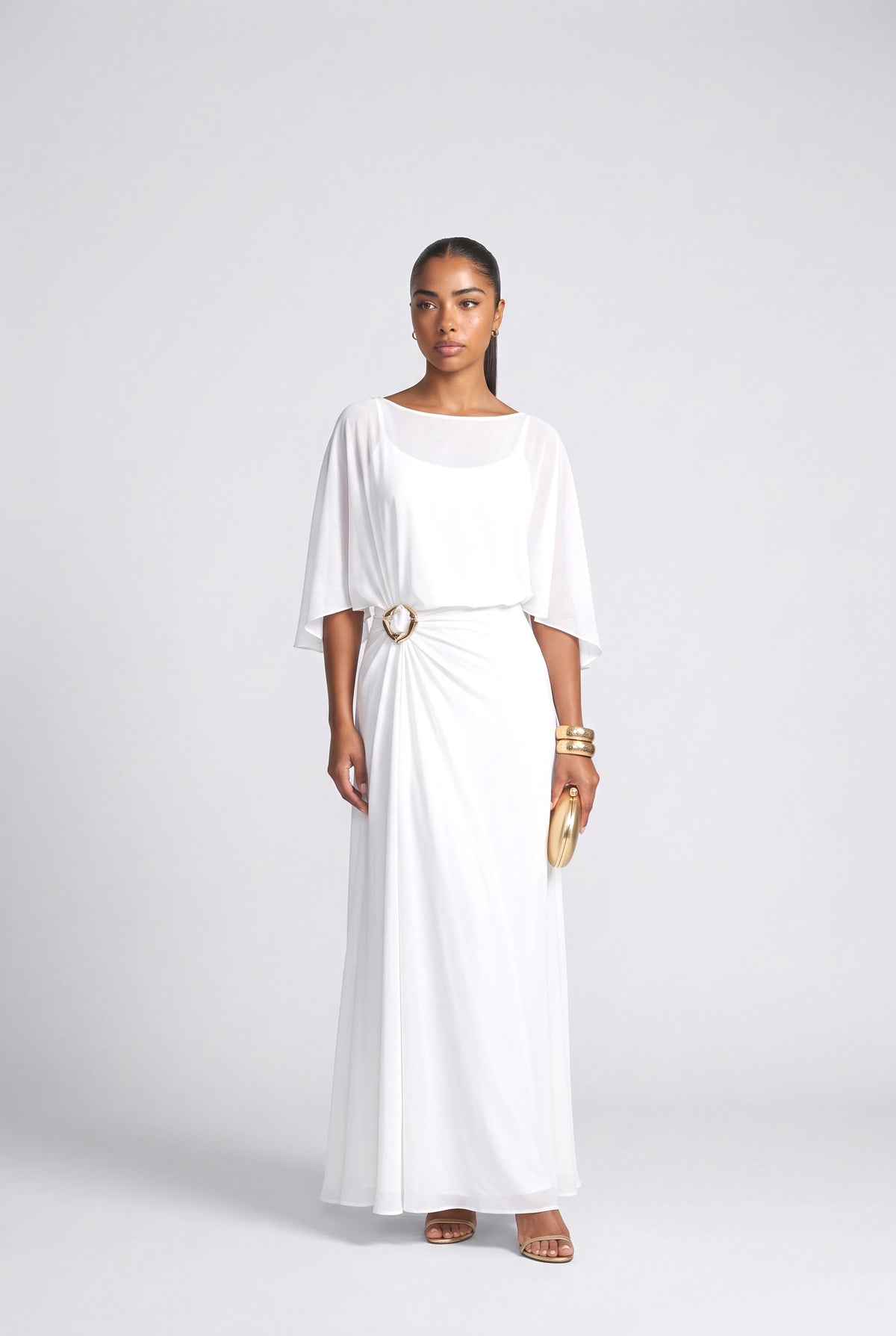 Blue Chiffon Cape Top & Wide-Leg Pants Two-Piece Set, white