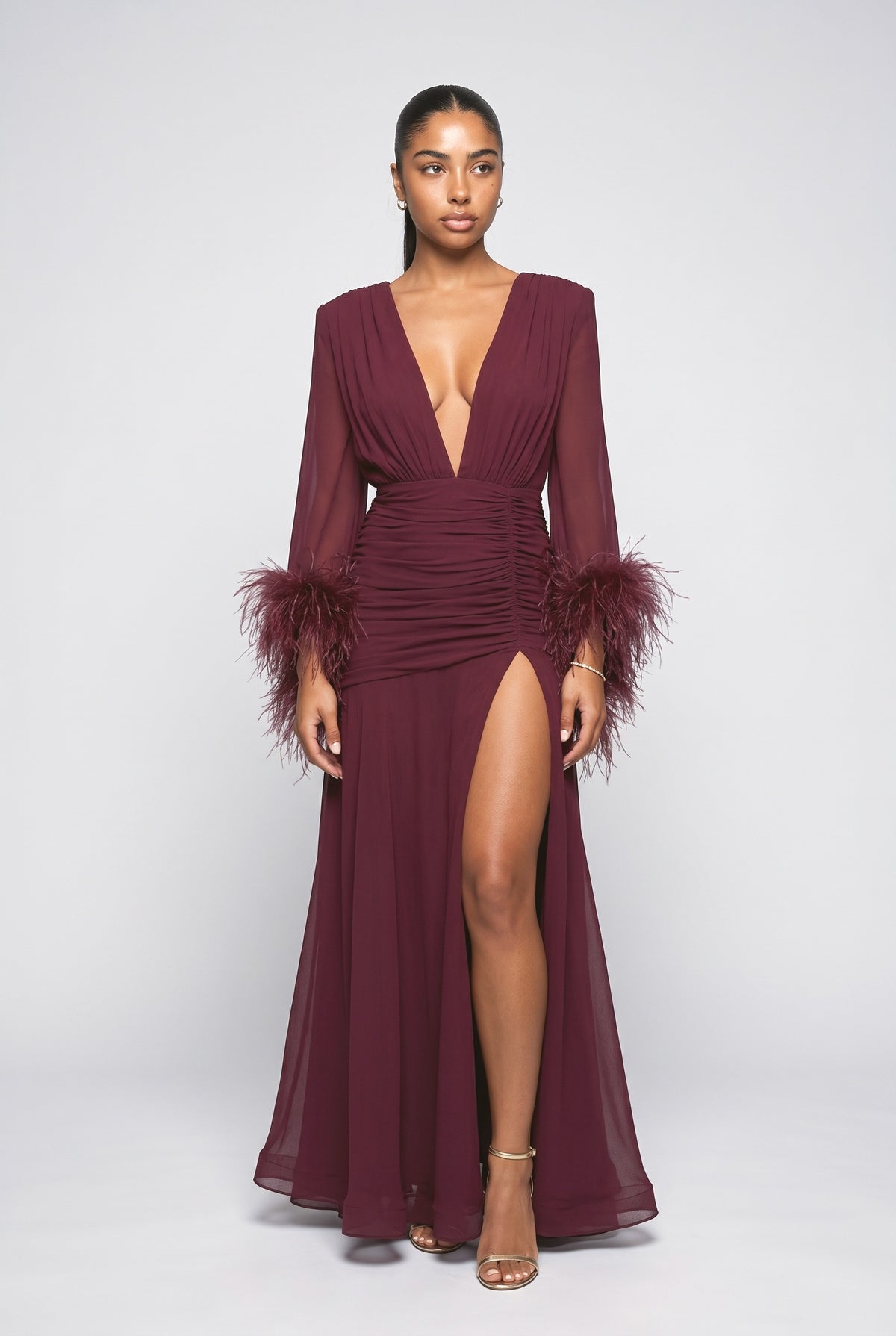 Burgundy Feather Trim Maxi Dress, wine red