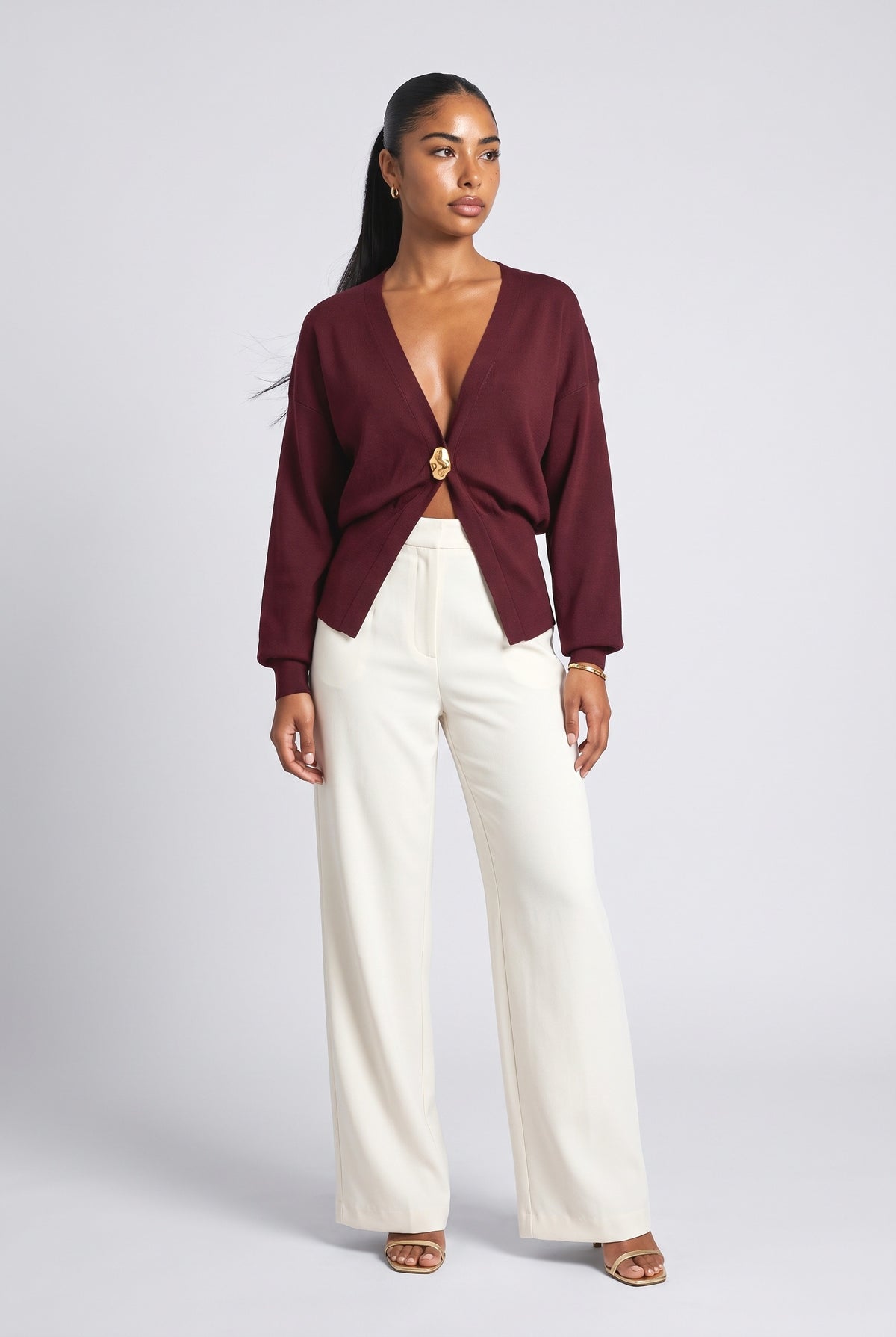 Knit V-Neck Top, wine red