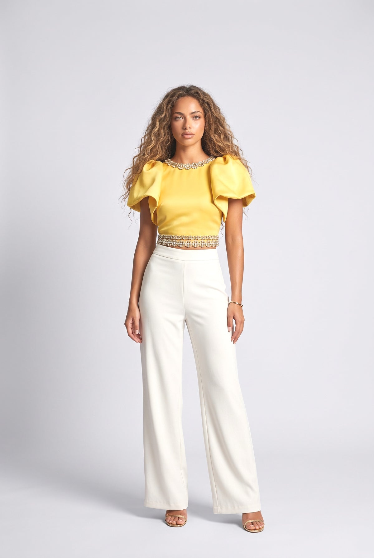 Embellished Satin Crop Top, yellow set