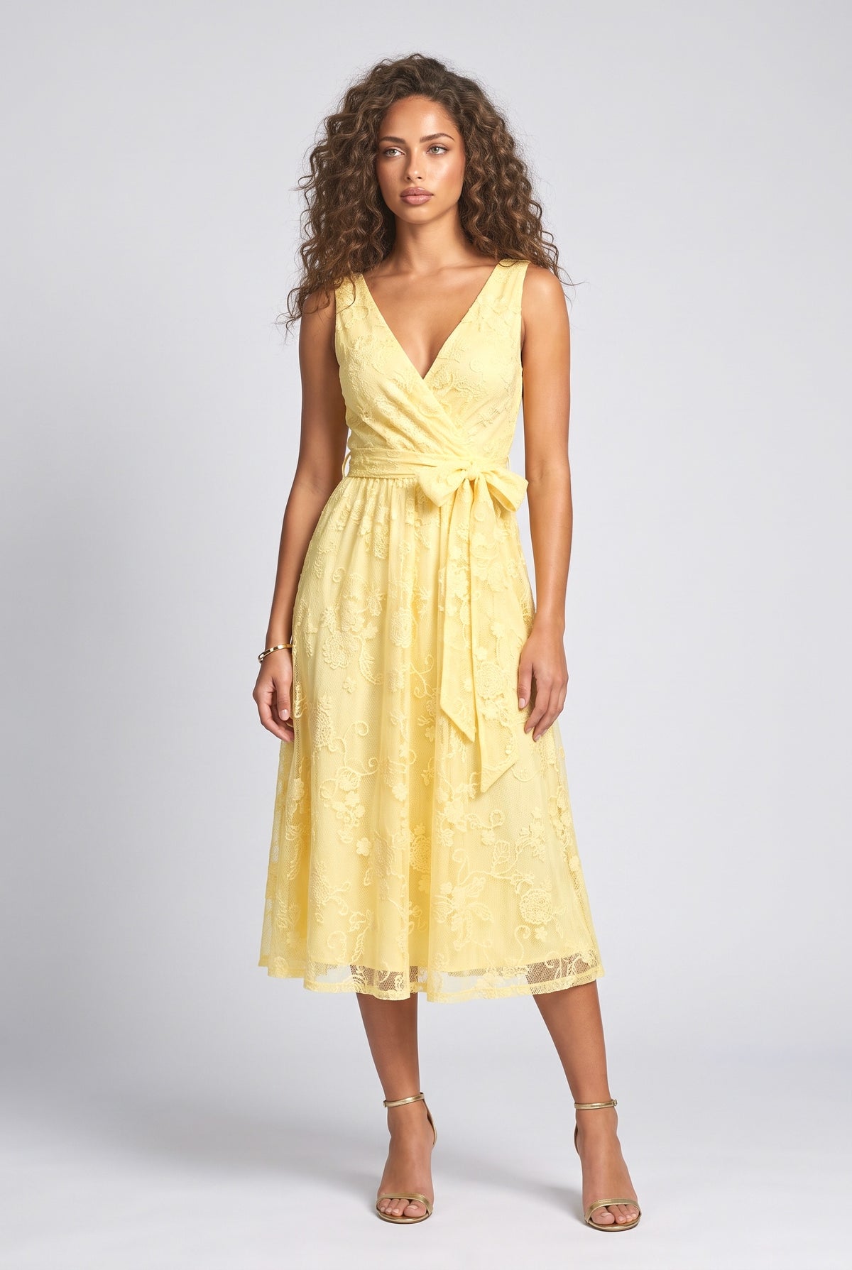 Lace V-Neck Midi Dress, yellow