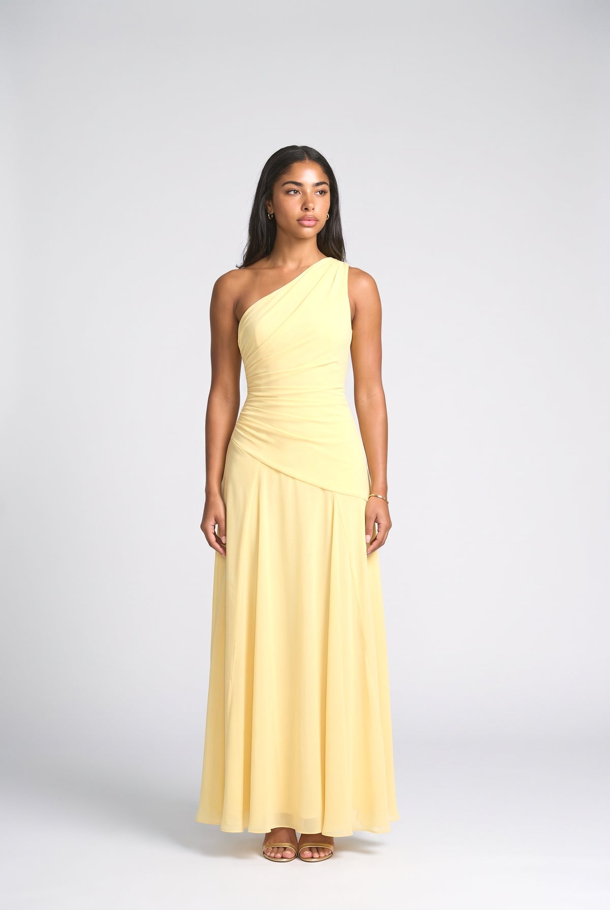 Chiffon One-Shoulder Ruched Maxi Dress, yellow