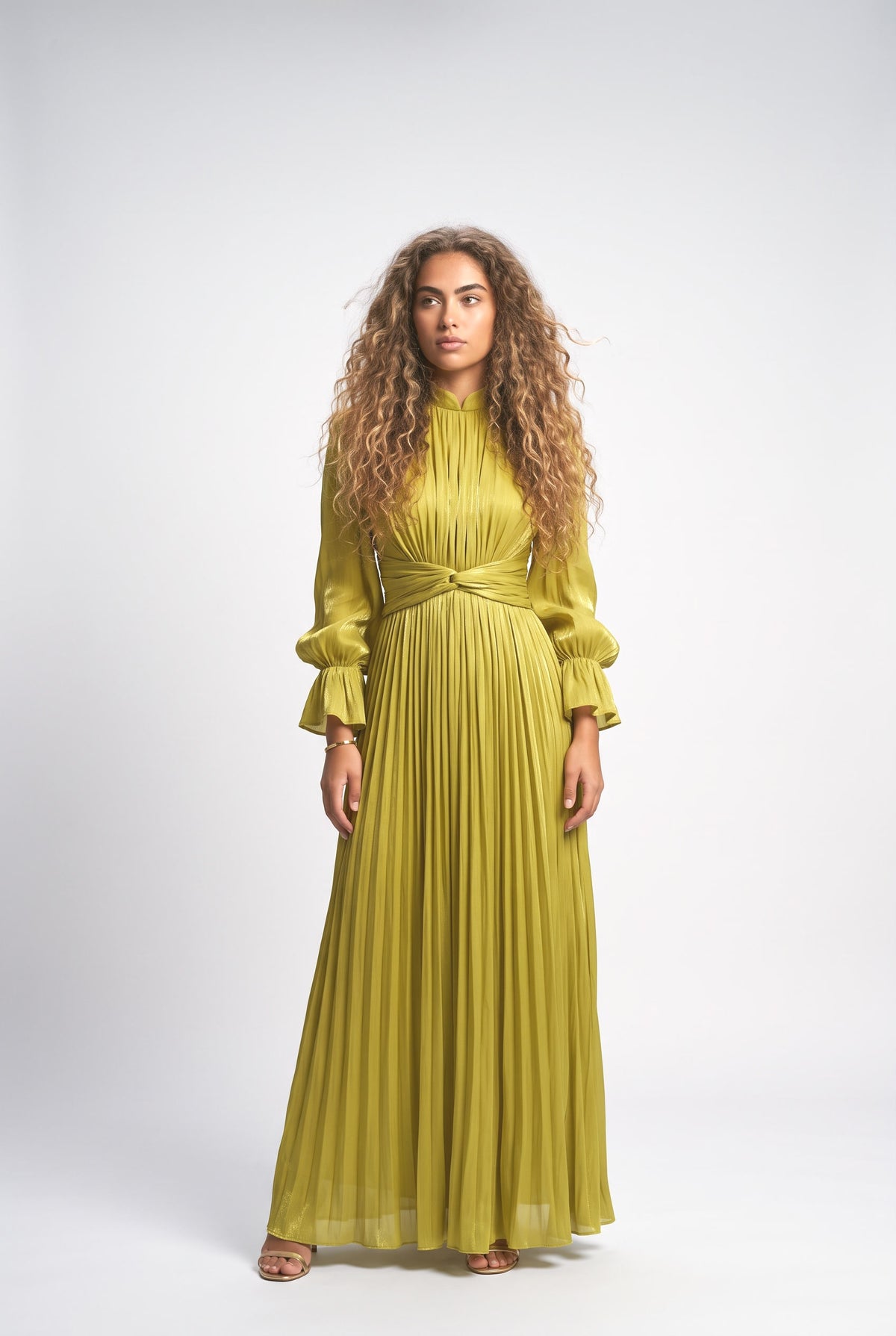 Pleated Flowy Long-Sleived Maxi Dress, yellow