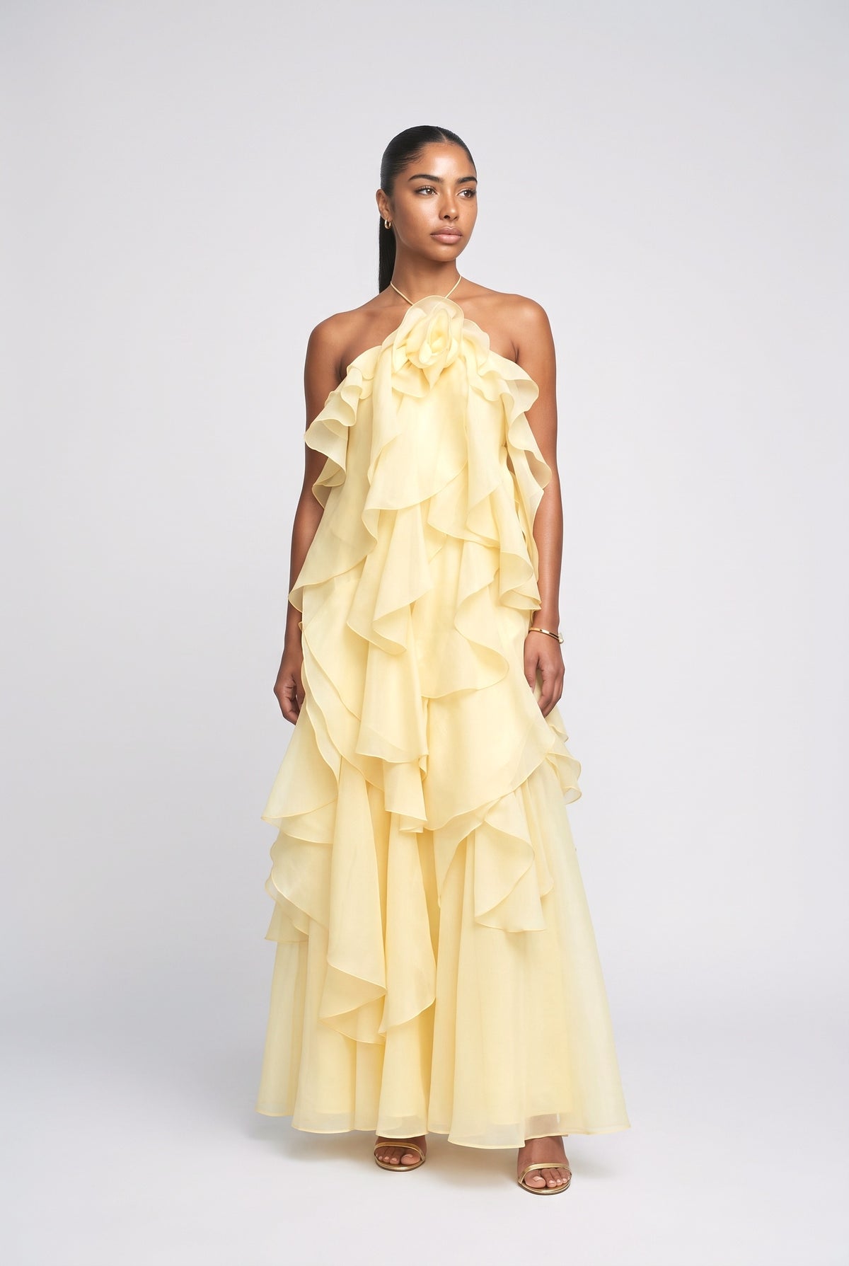 3D Flower Ruffle Halter Maxi Dress, yellow