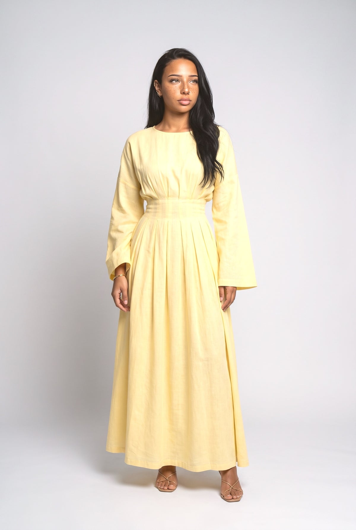 Long Sleeve Pleated Maxi Dress, yellow
