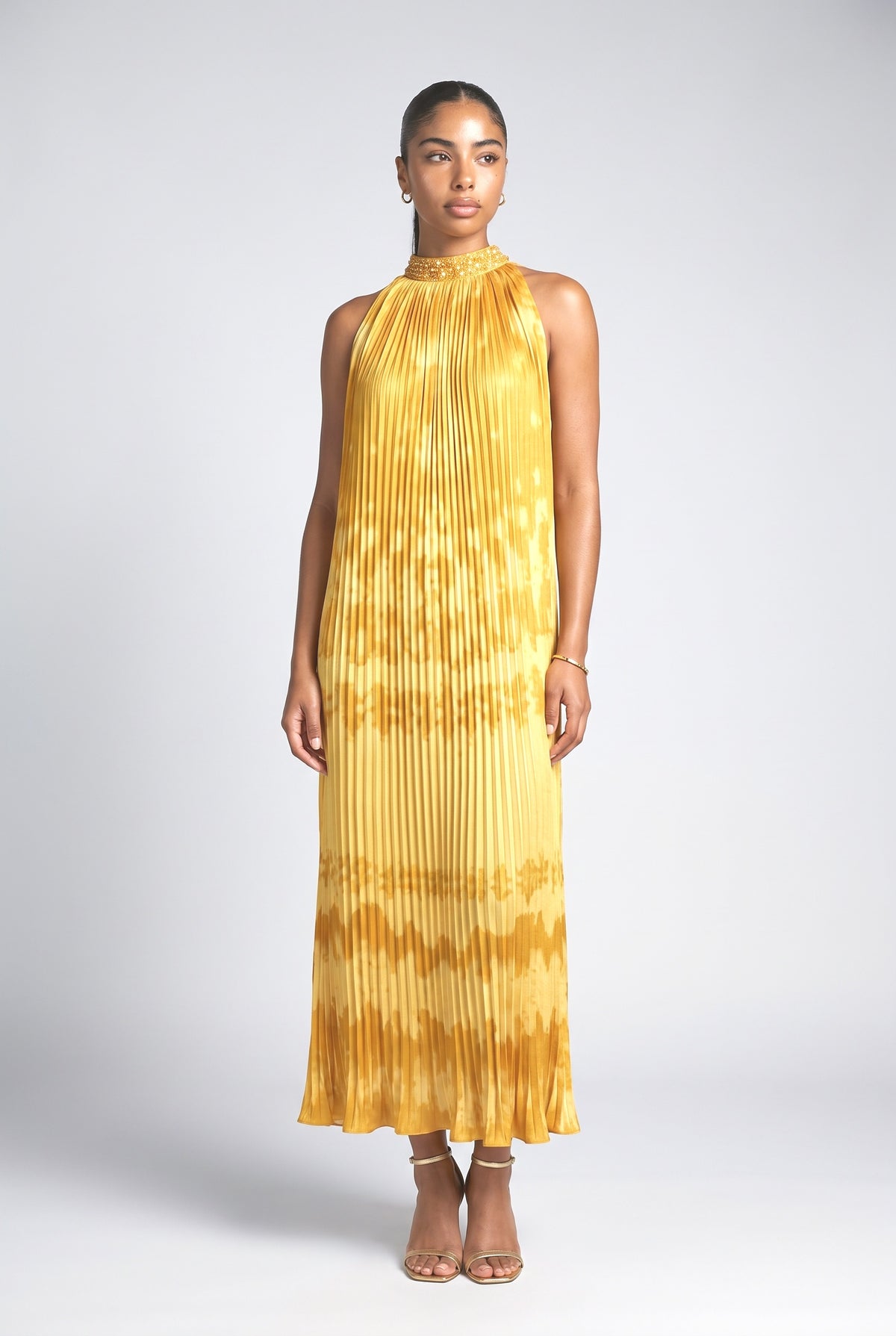 Yellow Abstract Pleated Maxi Dress, yellow