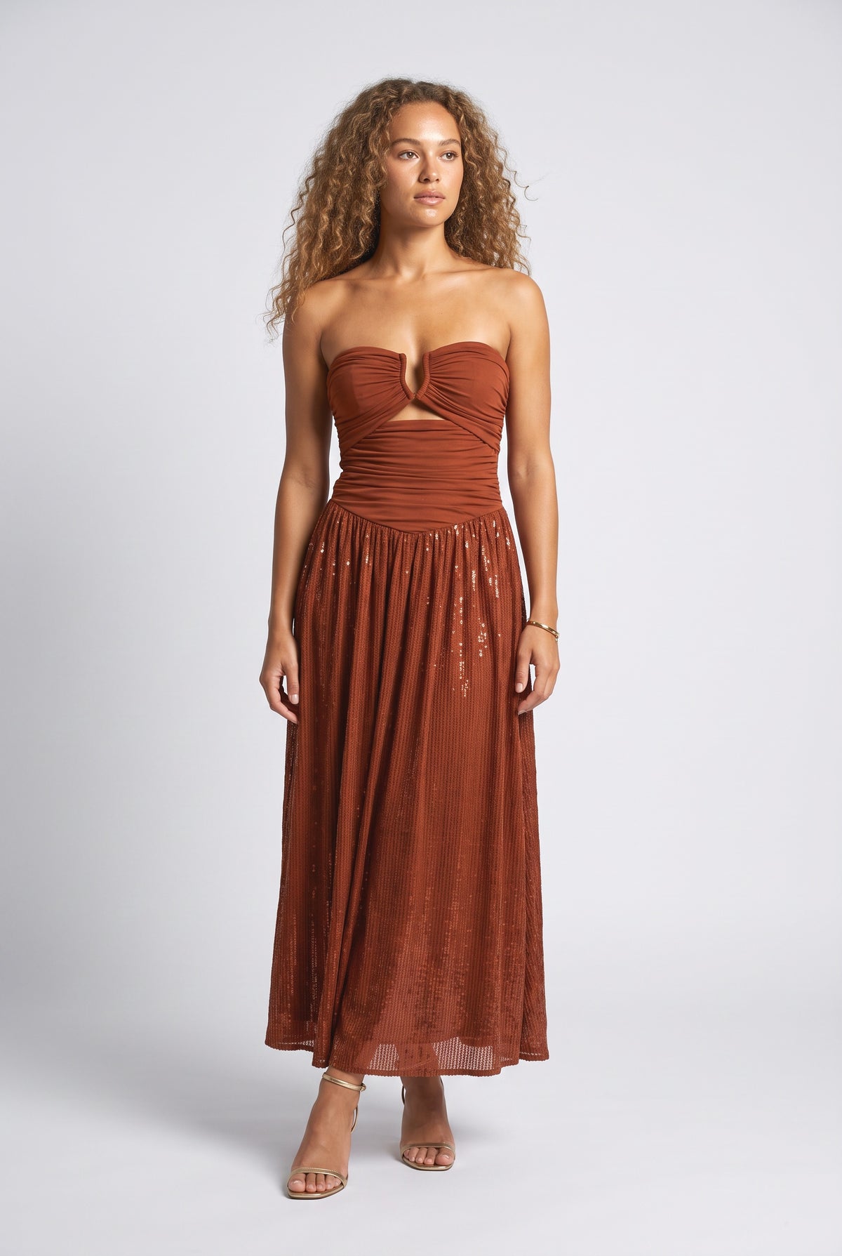 Yellow Sequin Strapless Ruched Maxi Dress, yellow