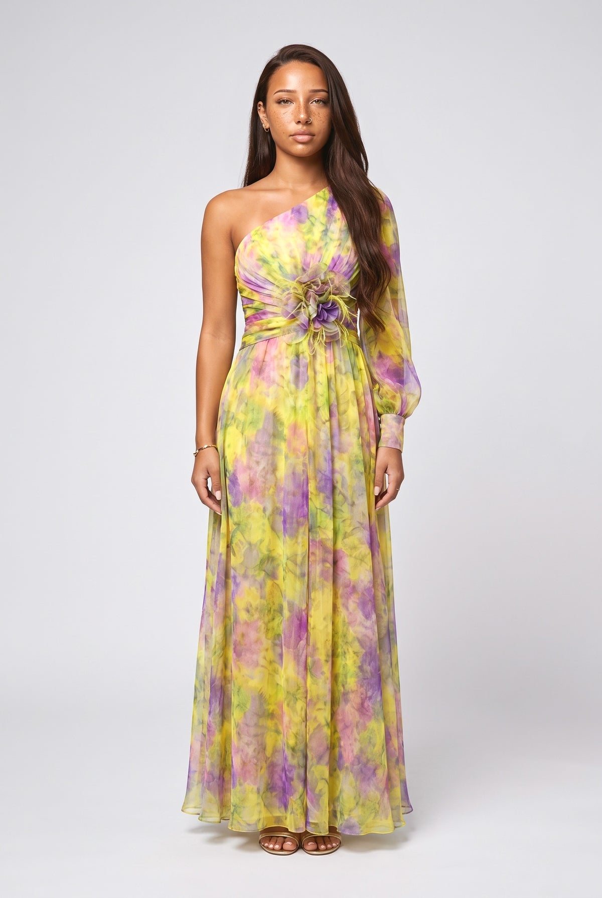 Floral Sheer One-Shoulder Ruched Maxi Dress, yellow