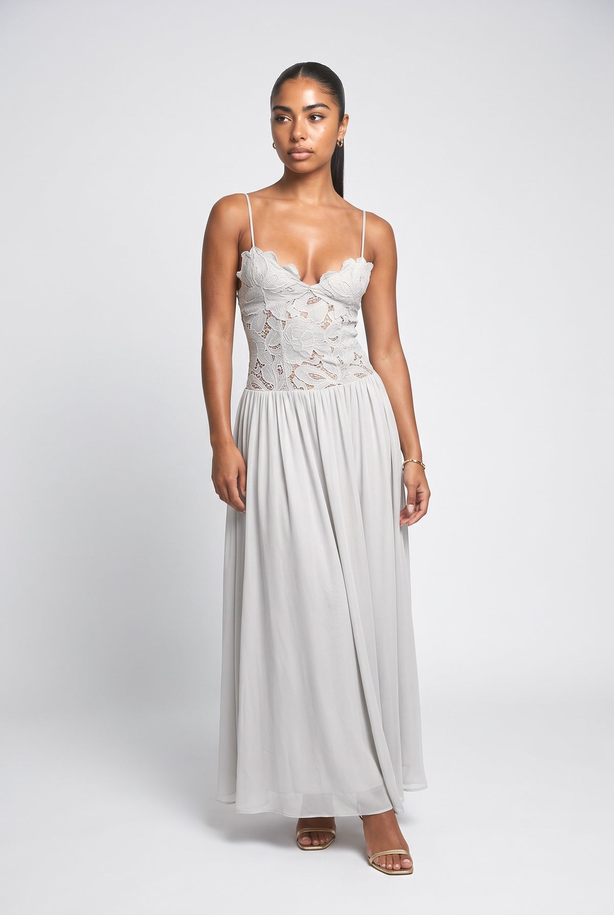 Yellow Floral Lace Strappy Maxi Dress, yellow