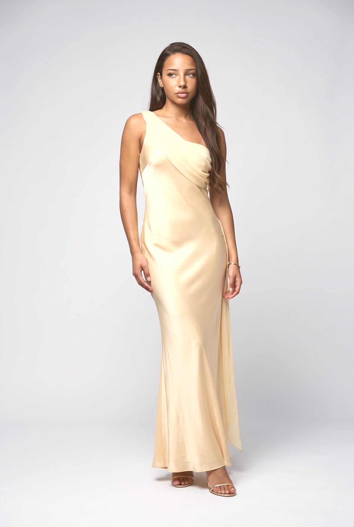 Yellow Satin One-Shoulder Mermaid Maxi Dress, yellow