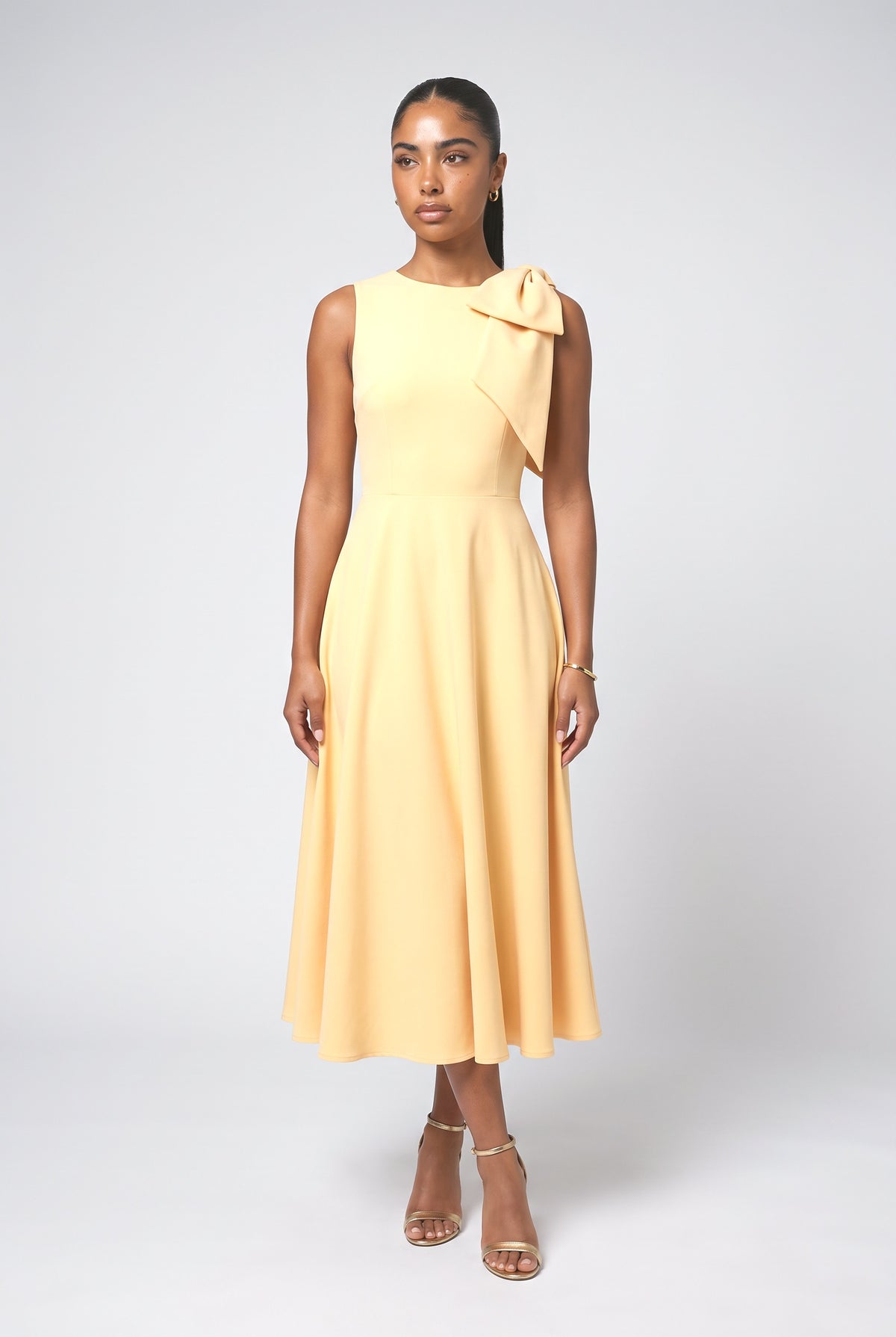 Sleeveless Bow Detail Slim-Fit Midi Dress, yellow