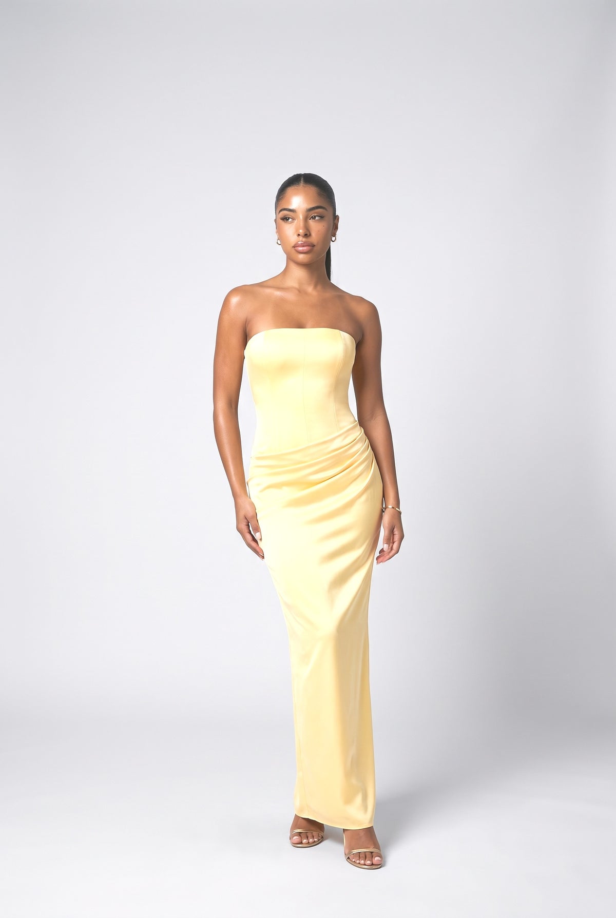 Satin Strapless Draped Maxi Dress, yellow