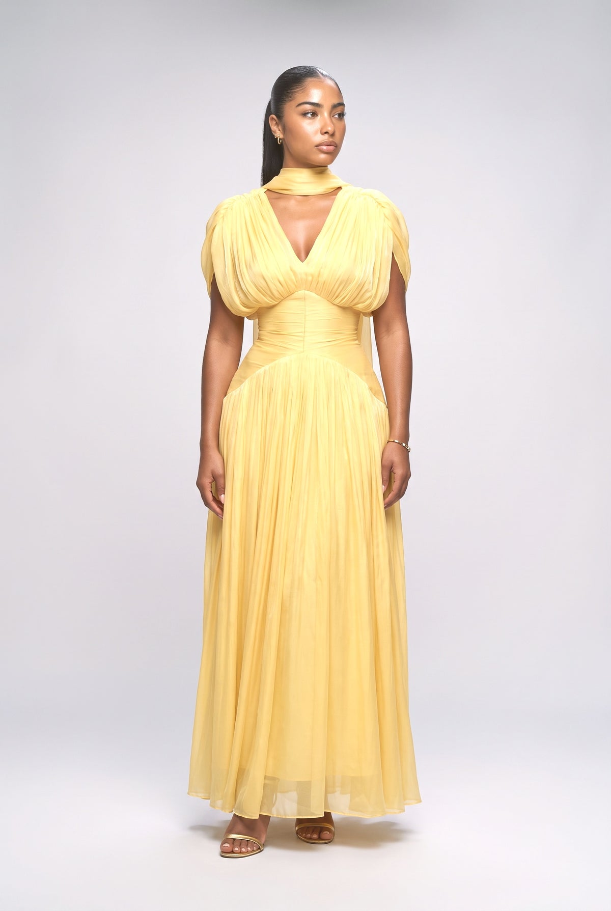 Yellow V-Neck Pleated Maxi Dress, yellow