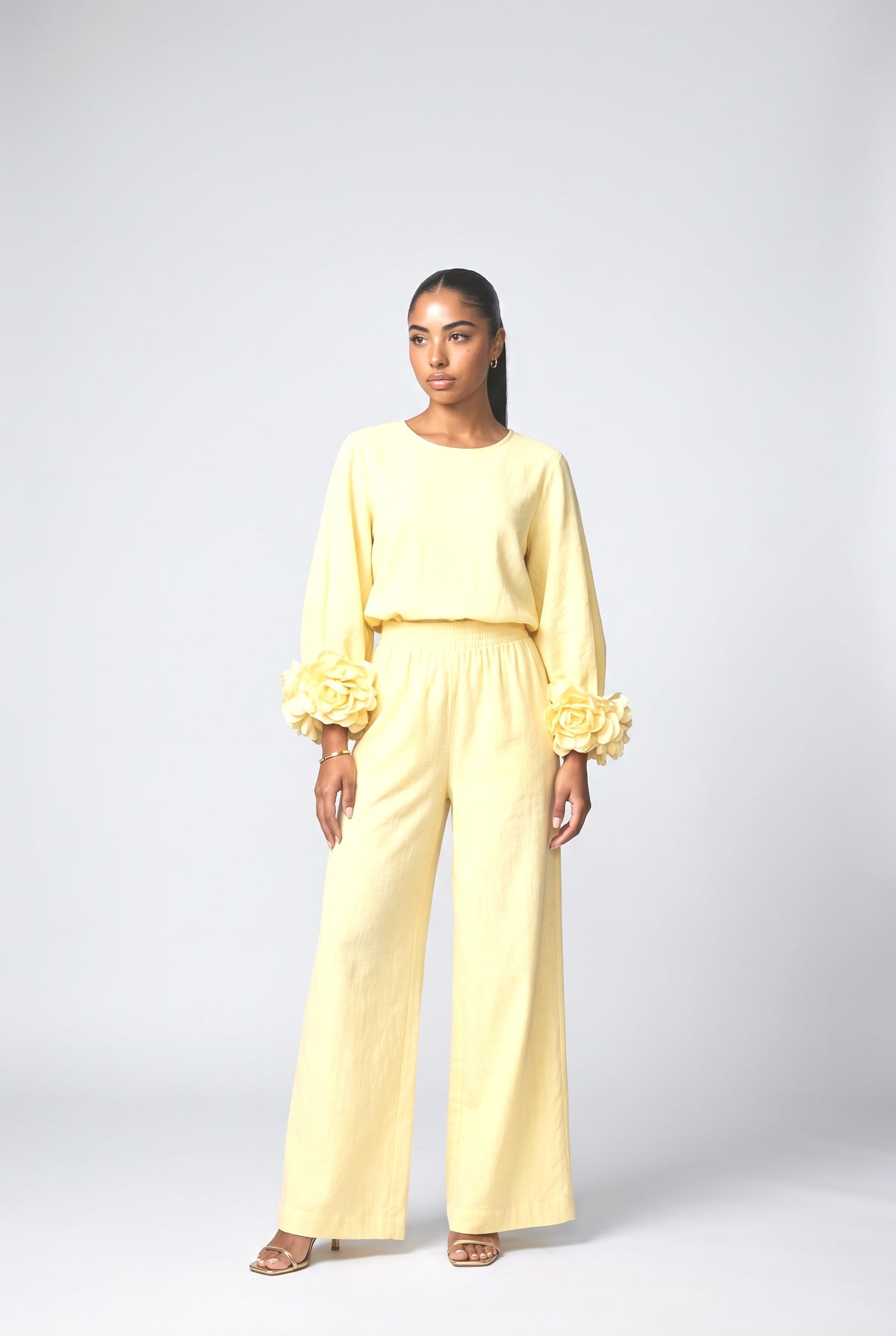 Floral Long Sleeve Outfit Set, yellow