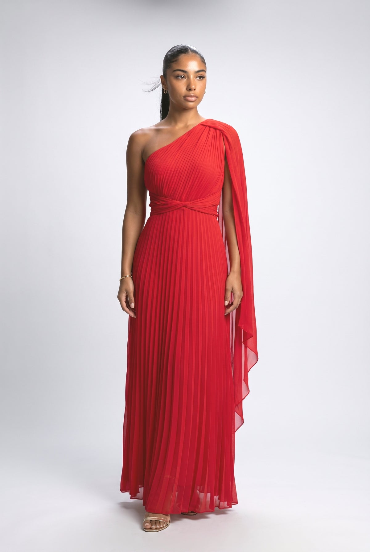 Flowing Pleated Off-the-Shoulder Maxi Dress, yellow