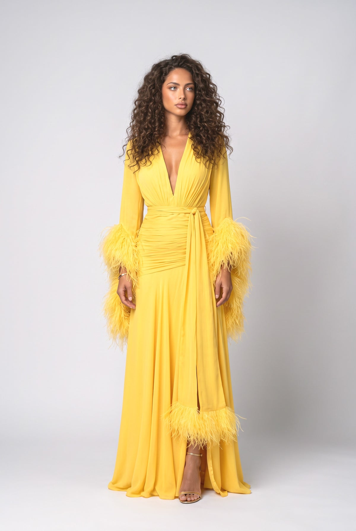 Chiffon V-Neck Feather Trim Maxi Dress, yellow