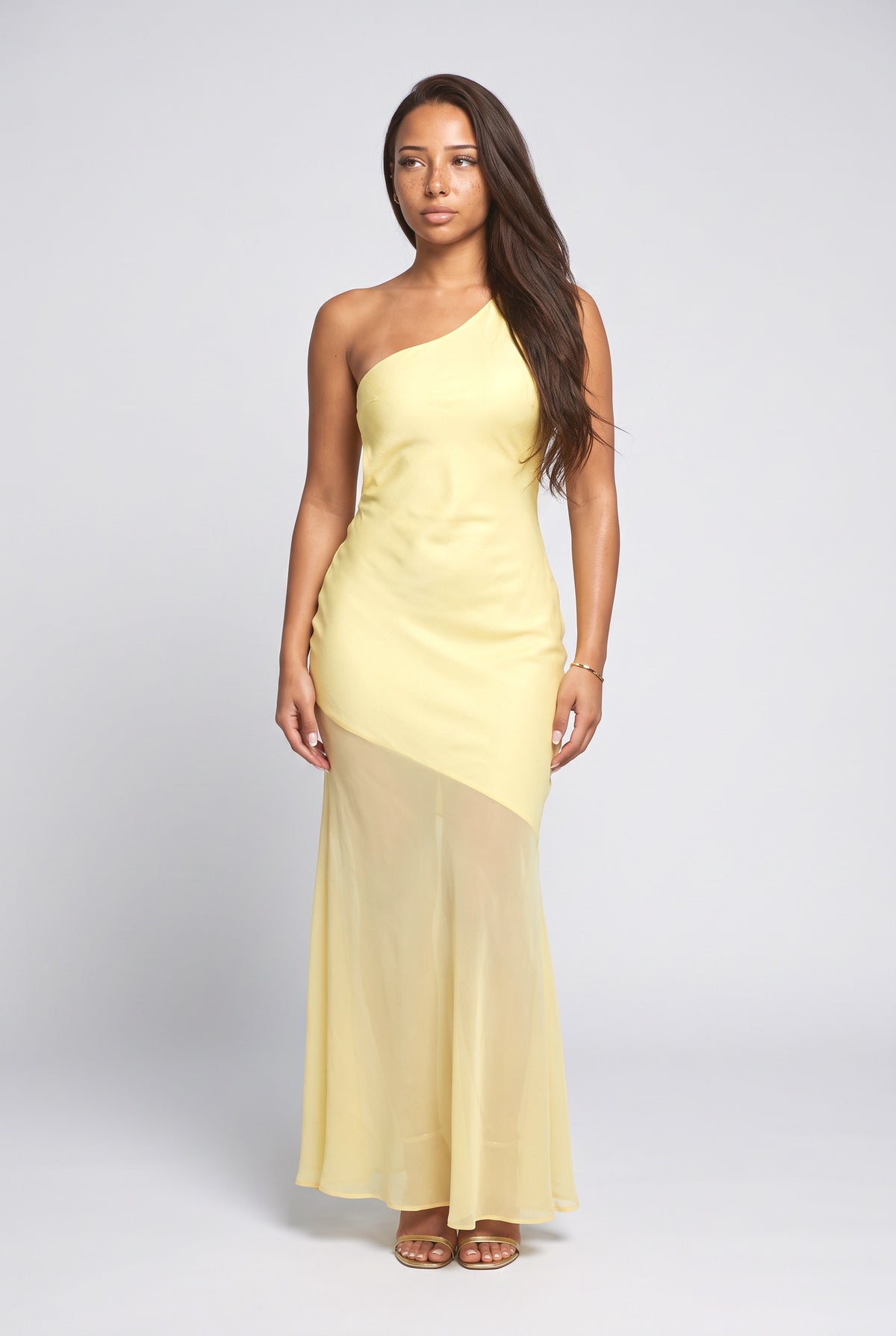 Sheer One-Shoulder Maxi Dress, yellow