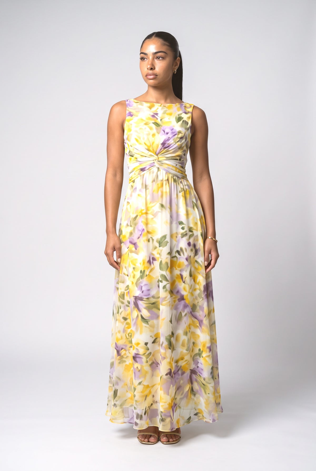 Yellow Floral Chiffon Sleeveless Maxi Dress, yellow