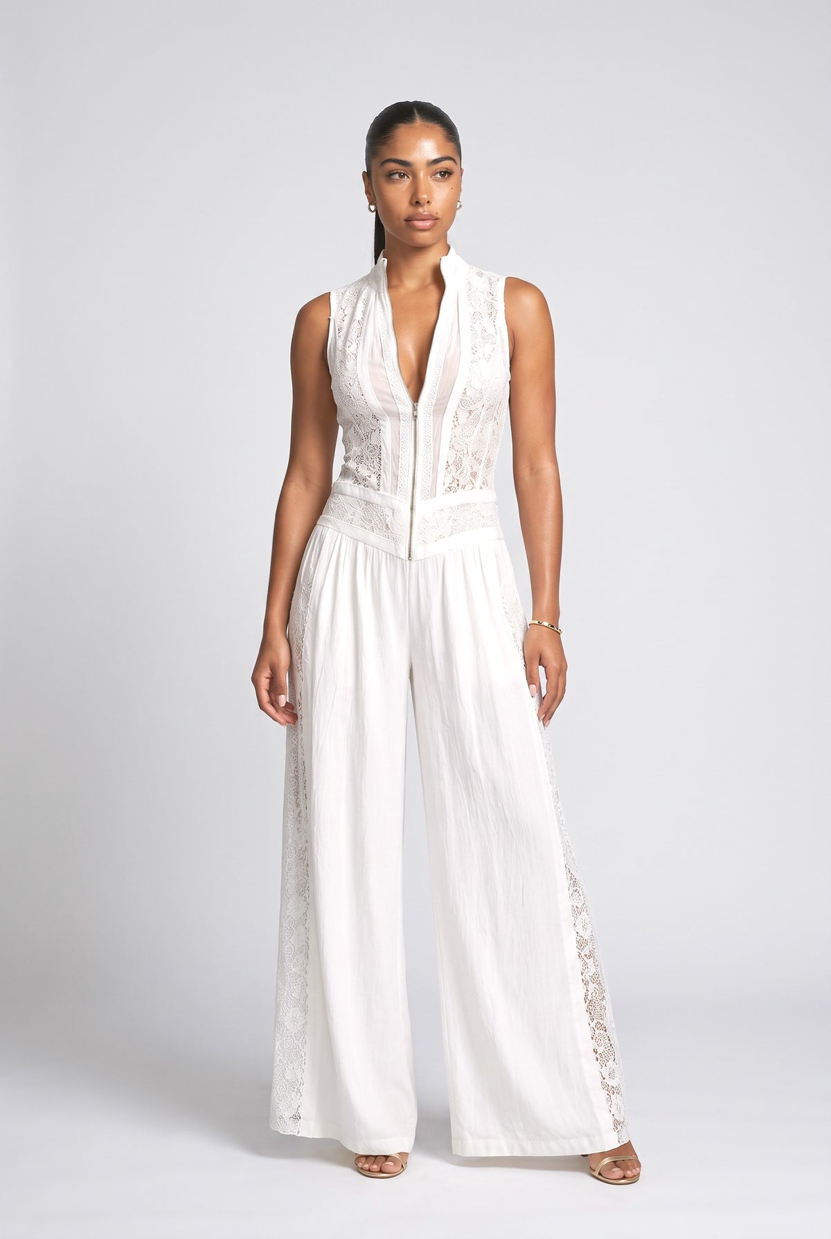 Lace Panel Wide Leg White Jumpsuit