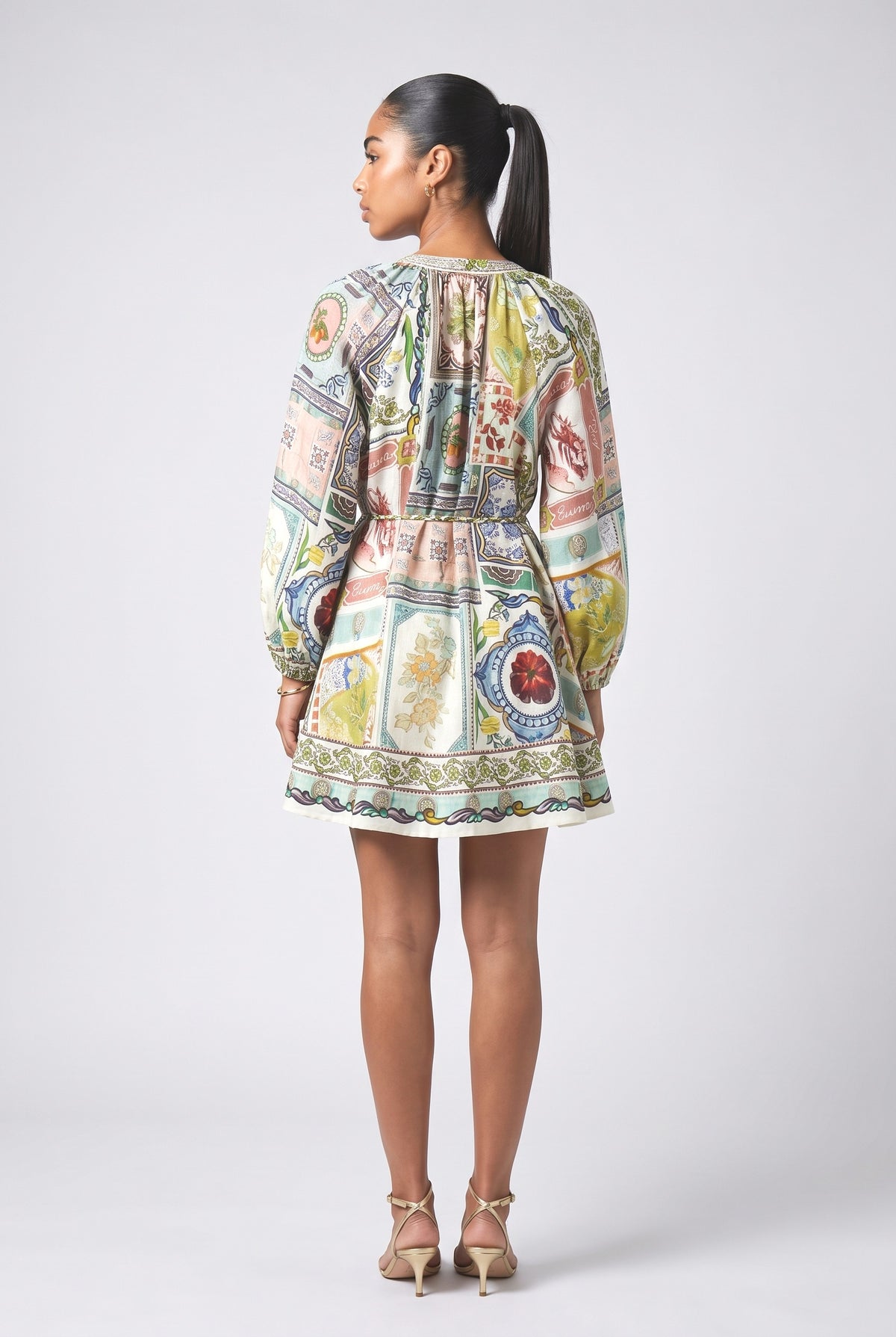 Multicolor Print Linen Mini Dress, back view