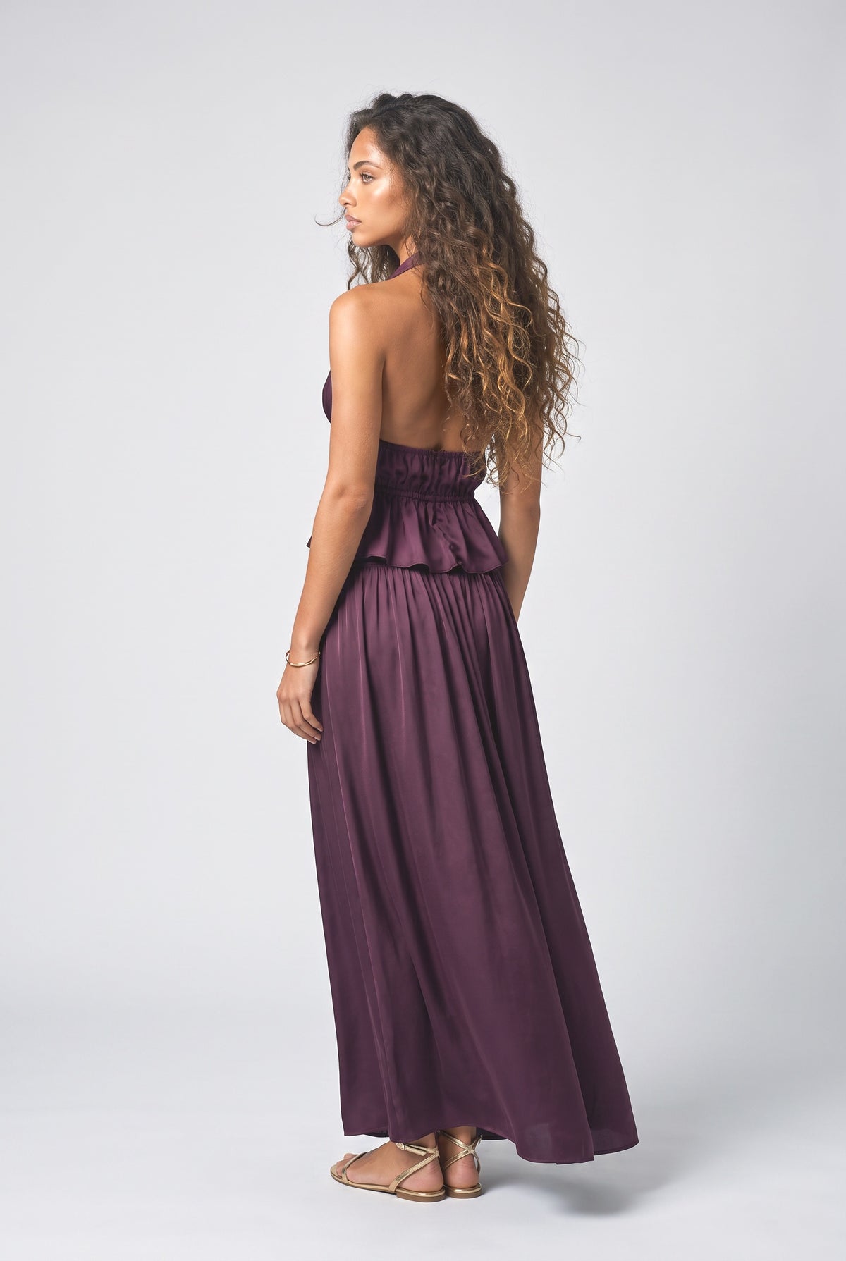 Purple Satin Ruched Outfit Set, back view