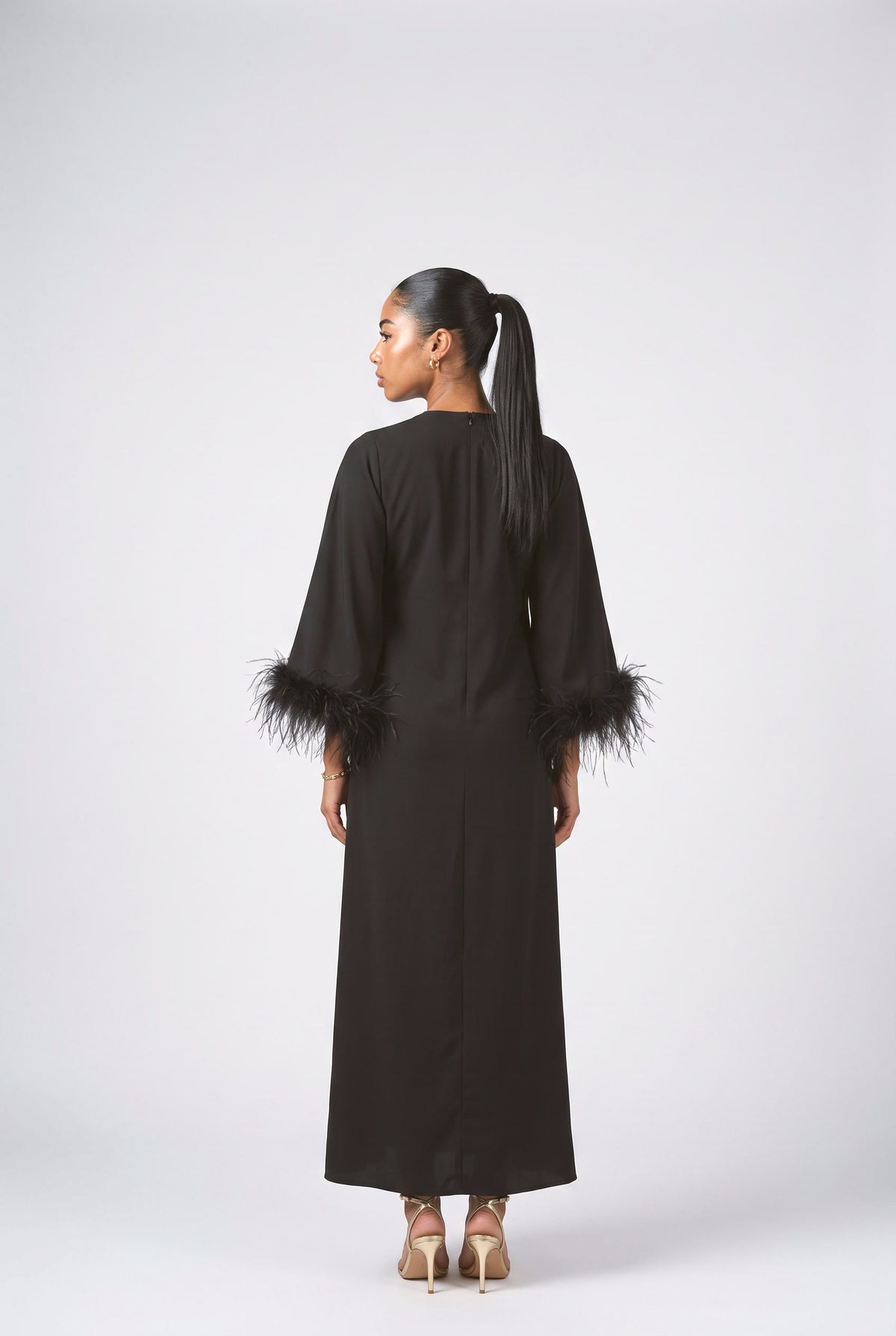 Black Batwing Sleeve Feather Trim Maxi Dress, back view