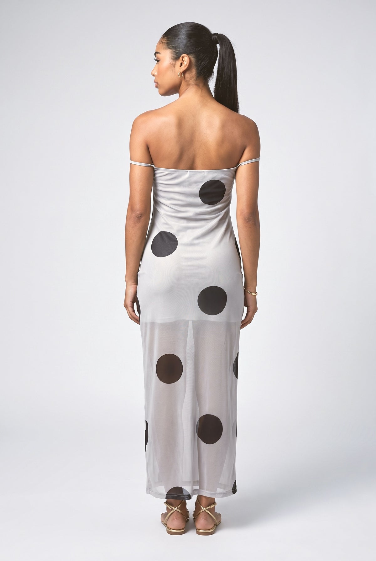 White Polka Dot Mesh Off-Shoulder Maxi Dress, back view
