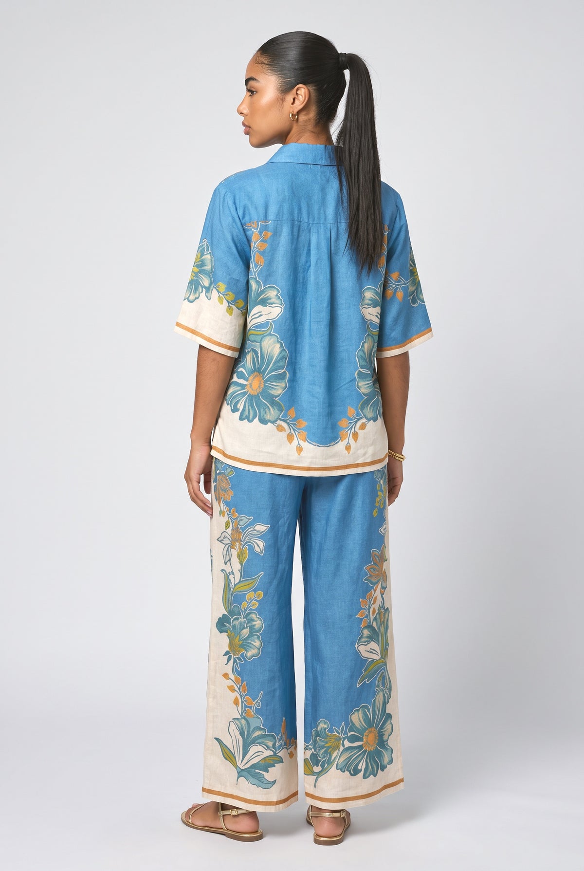 Floral Print Elastic Wide-leg Pants, back view